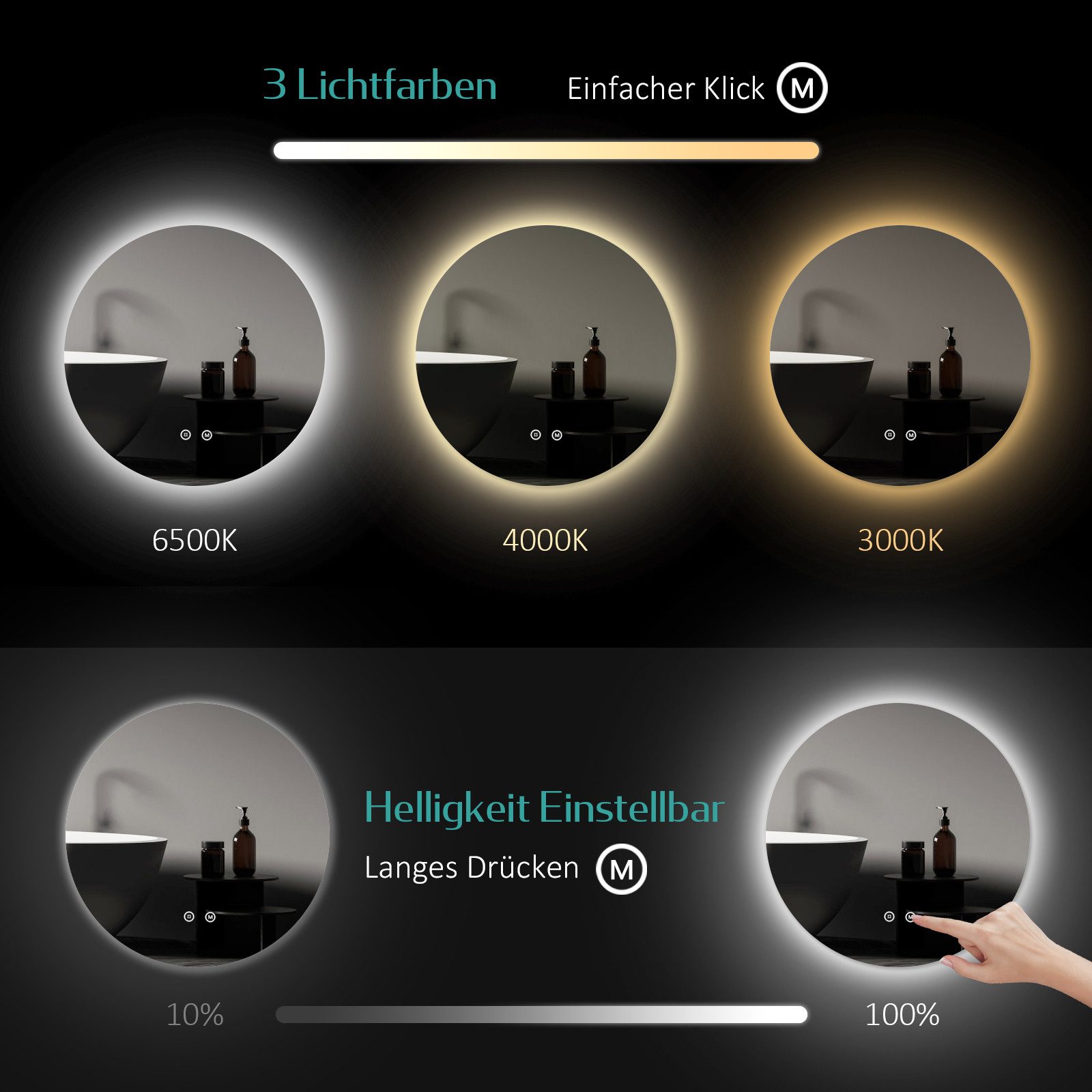 EMKE Badspiegel LED-Badspiegel rund, 3 Lichtfarben, dimmbar, Rahmenlos, indirekte Beleuchtung, Touch, Memory, Direktanschluss