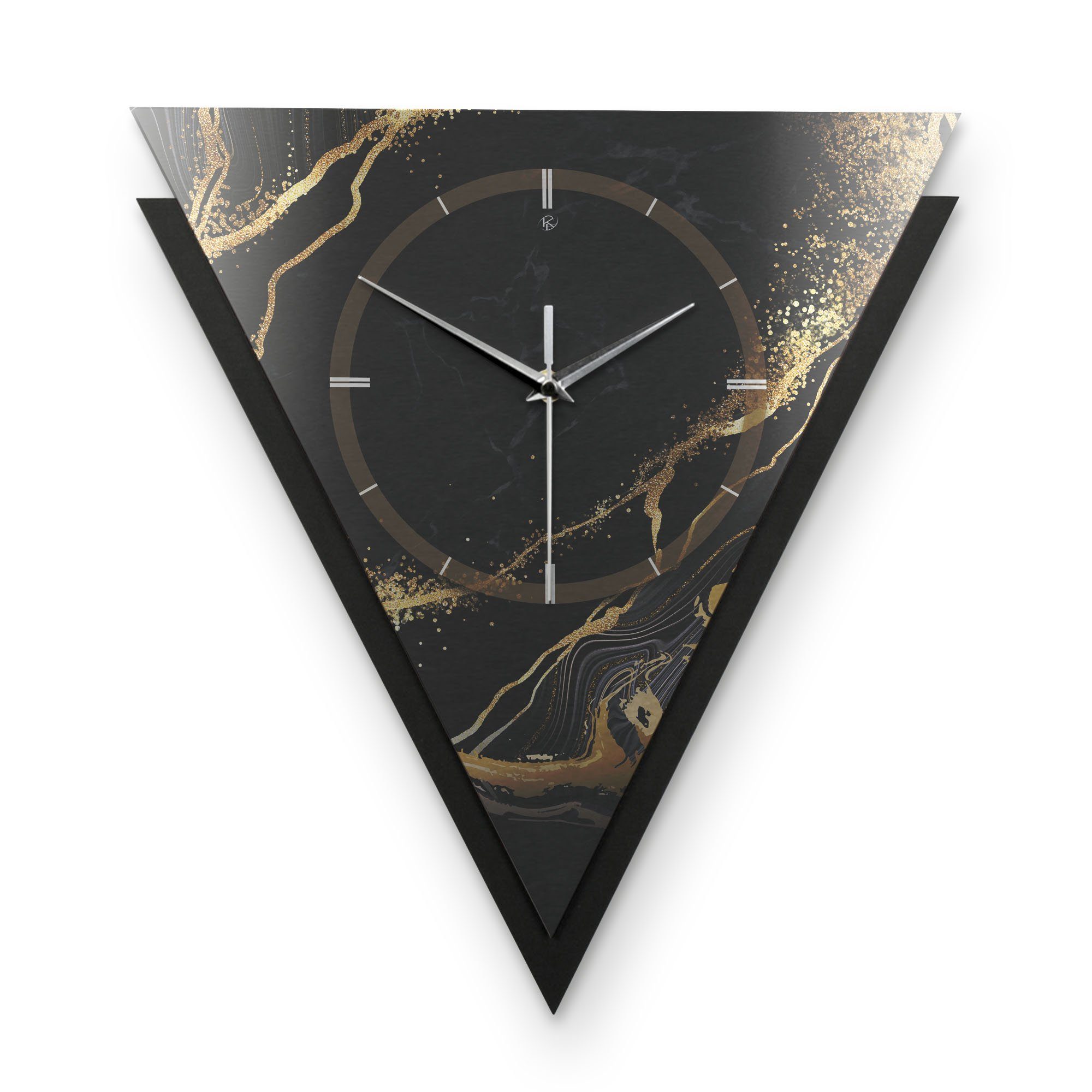 Kreative Feder Wanduhr Dreieckige 3D Designer-Wanduhr „Black & Gold Waves“ im Metallic-Look (ohne Ticken; Funk- oder Quarzuhrwerk; elegant, außergewöhnlich, modern)
