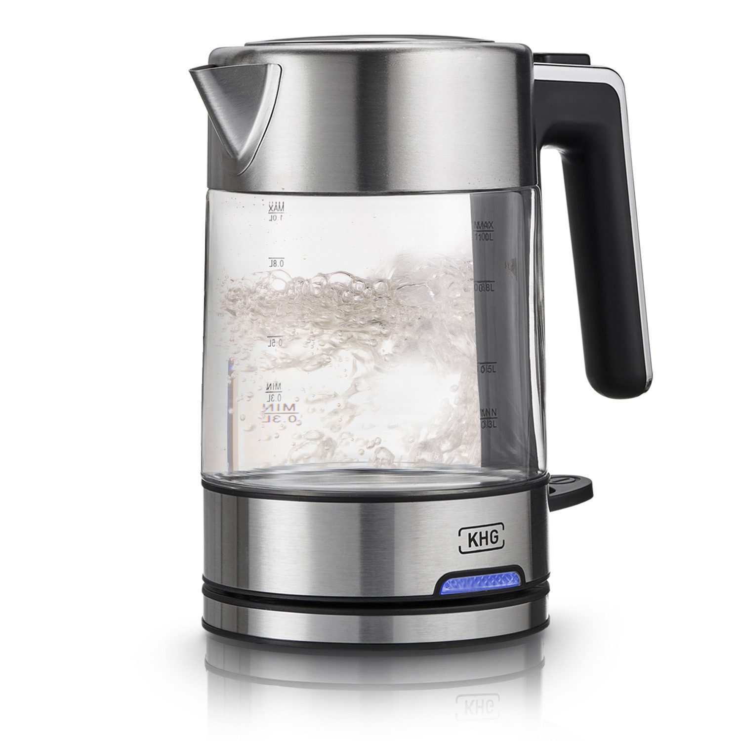 KHG Wasserkocher WK-106 GE, 1 Liter, aus Glas & Edehstahl mit abwaschbarem Kalkfilter, 1 l