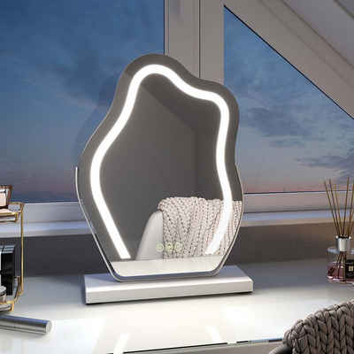 EMKE Schminkspiegel mit Beleuchtung Unregelmäßige Kurve Kosmetikspiegel 360° Drehbar, Touchschalter, 3 Lichtfarben Dimmbar und Memory-Funktion