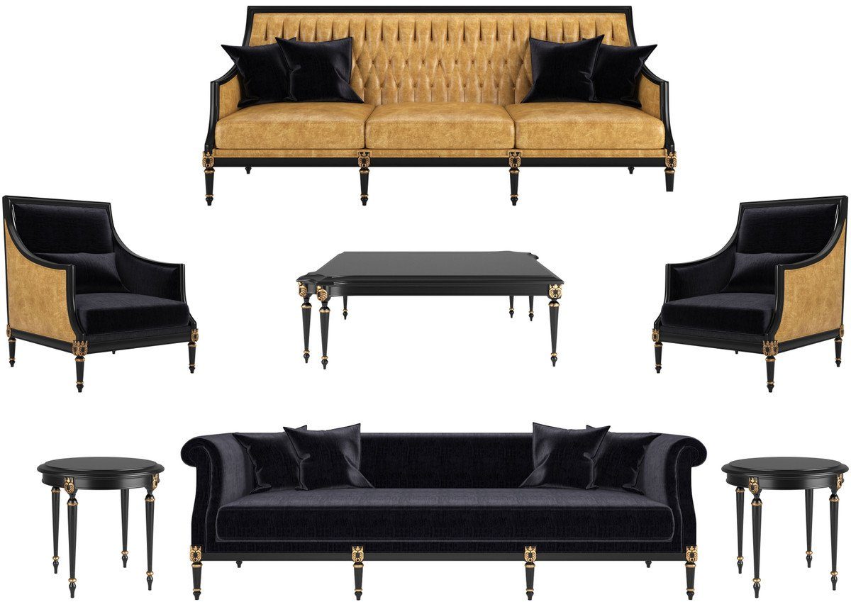 Casa Padrino Couchtisch Luxus Barock Set Gold / Schwarz / Antik Gold - 2 Sofas & 2 Sessel & 1 Couchtisch & 2 Beistelltische - Wohnzimmermöbel im Barockstil - Edle Barock Möbel