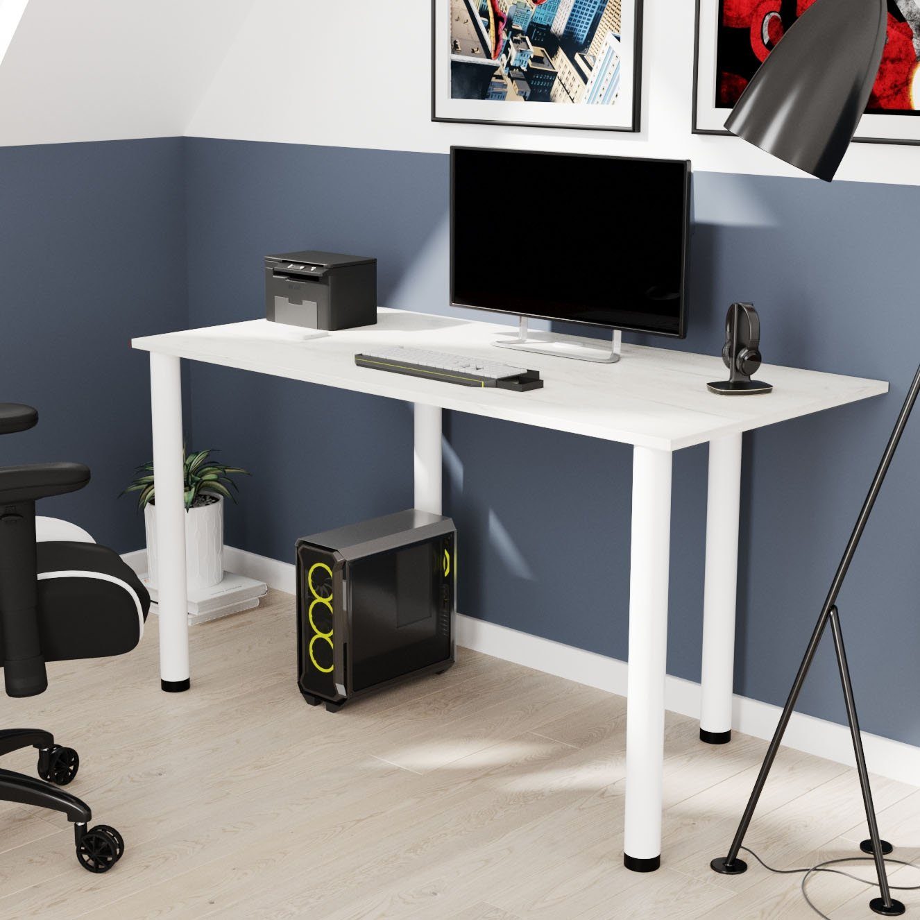 AKKE Schreibtisch, Schreibtisch mit Kabeldurchführung und weißen Beinen 2mm PVC Weiss Craft