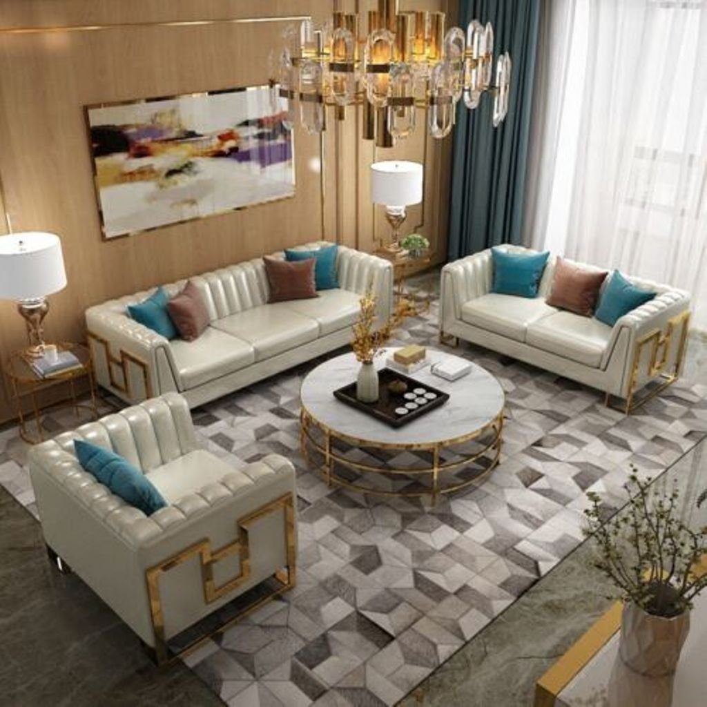 JVmoebel Couch Leder 3+2+1 Luxus Wohnzimmer Edelstahl Garnitur Wohnzimmer-Set, Sitz Set