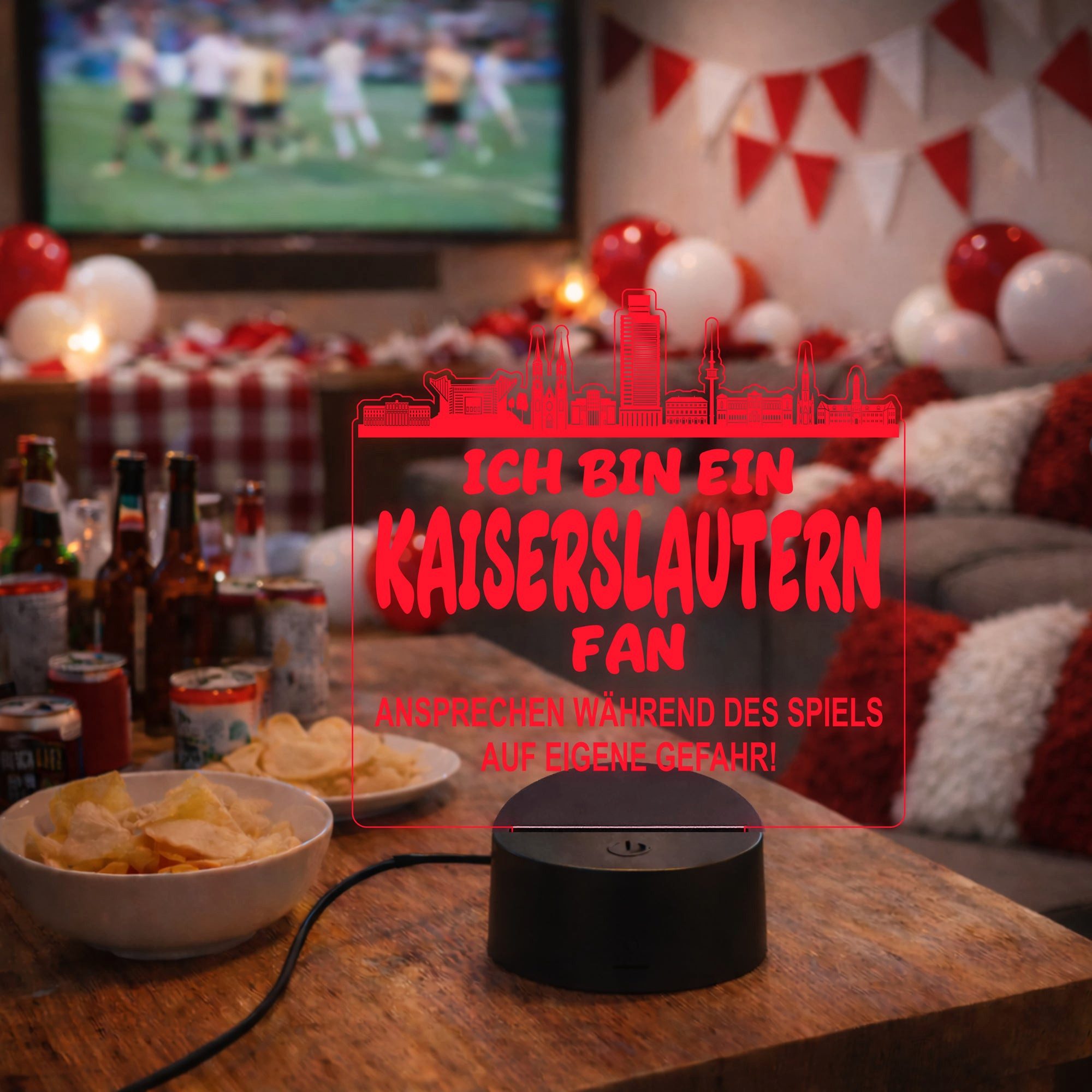 Lieblingsmensch LED Nachtlicht Fußball - Ich bin ein Kaiserslautern Fan - Ansprechen auf eigene Gefah, LED fest integriert, Farbwechsel oder feste Farbe mit Fernbedienung & Touch, Man Cave Stimmungslicht – 19x23cm
