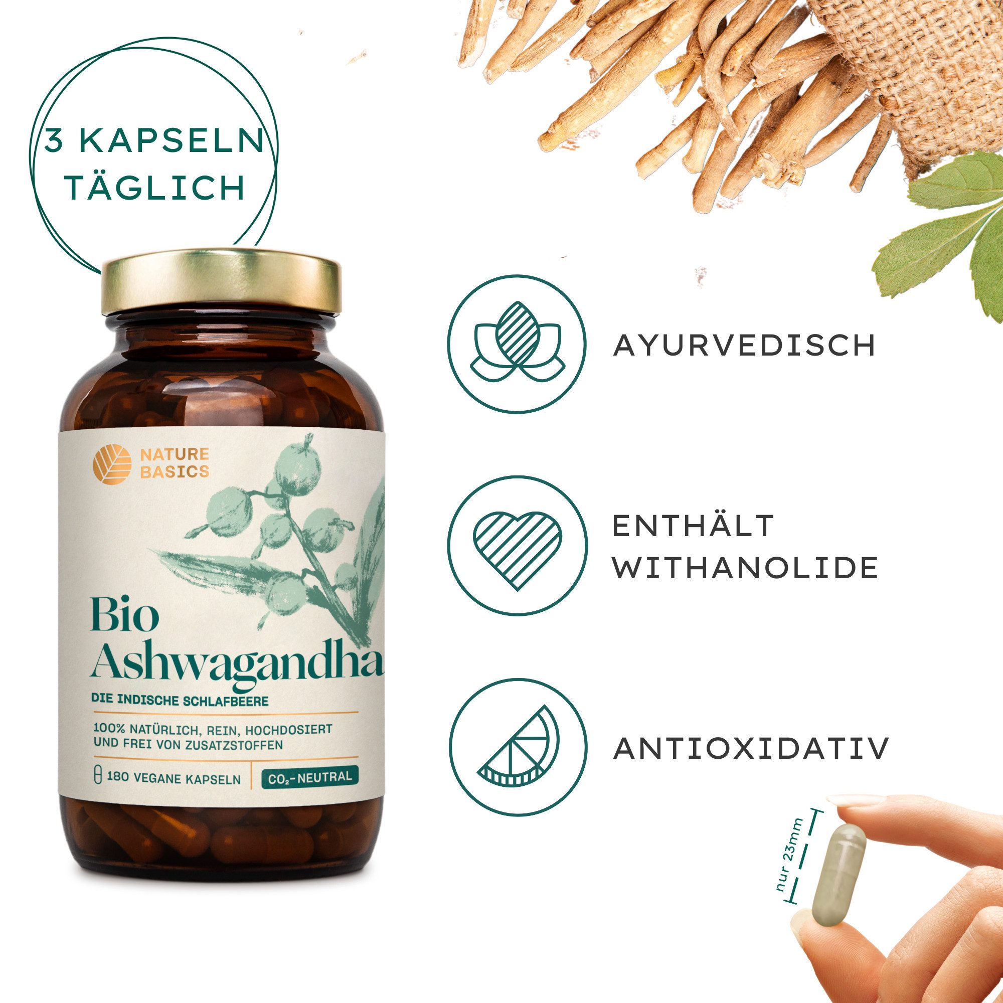 Nature Basics Hochwertiges Bio Ashwagandha Vegan im Braunglas 180 Kapseln, 180 St., 130 g
