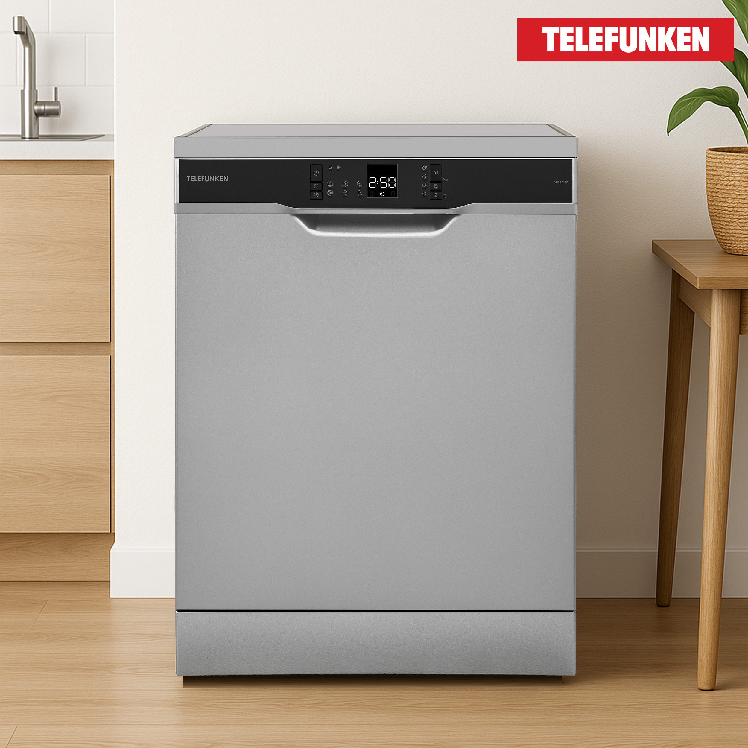 Telefunken Standgeschirrspüler GFS6012DI, 12 l, 12 Maßgedecke, Spülmaschine freistehend 60 cm, 6 Programme, 12 Gedecke, AquaStop