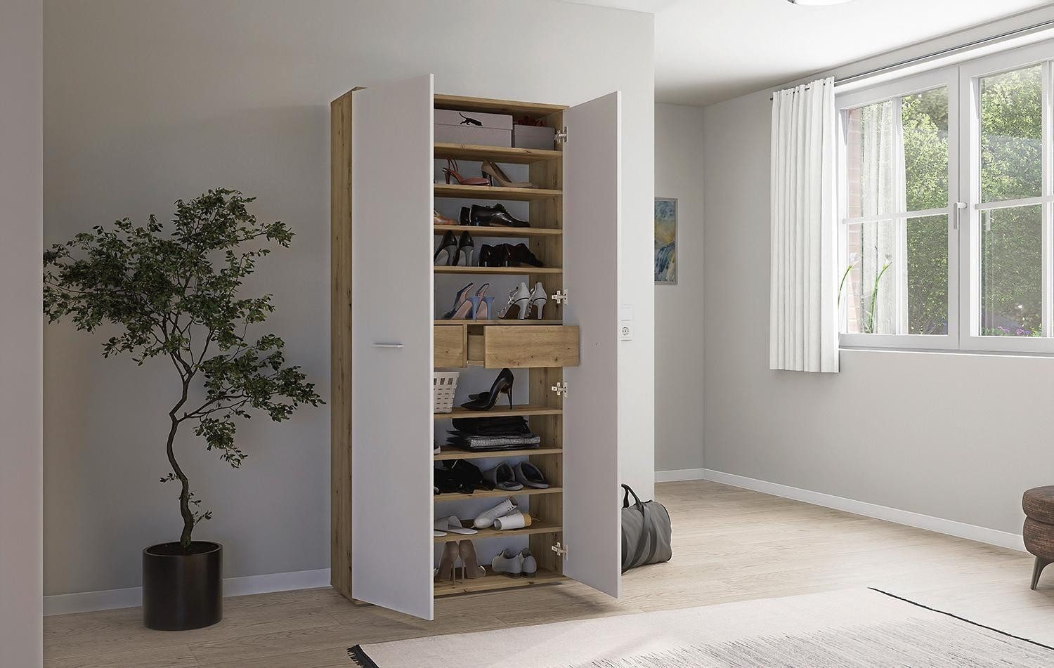 Bega Consult Garderobenschrank LEON, Artisan Eiche Dekor, Weiß matt, 2 Türen, 2 Schubladen im Inneren, B 90 x H 195 x T 38 cm