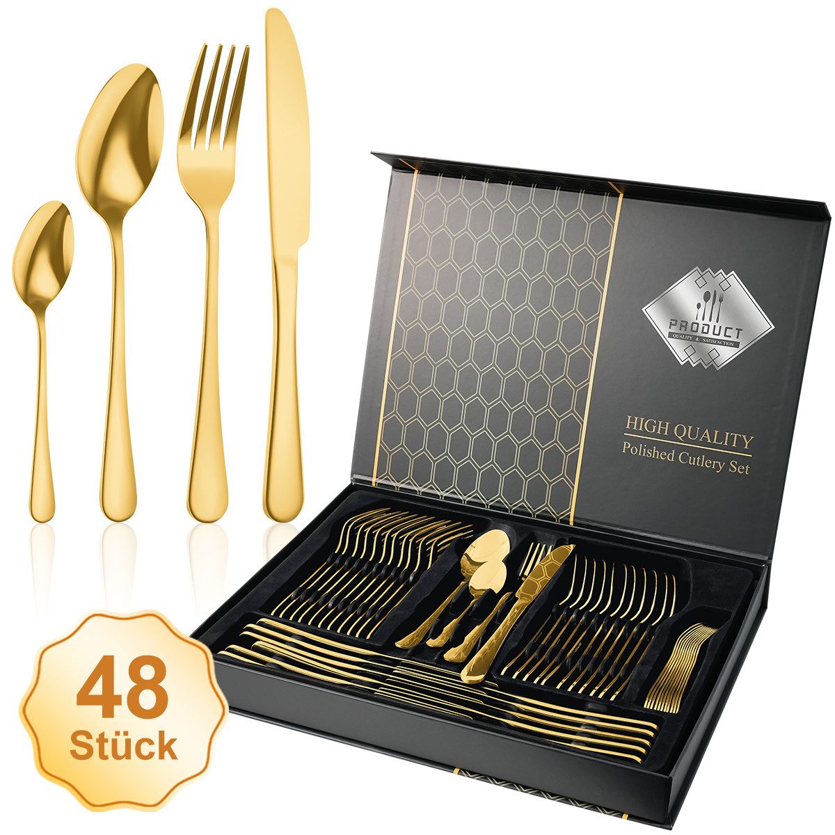 Simloveve Besteck-Set 48 teilig Besteck Set für 12 Personen, Besteckset mit Gehämmert Griff, Edelstahl, Essbesteck Set inkl Messer, Gabel, Löffel, Spülmaschinenfest, Rostfrei