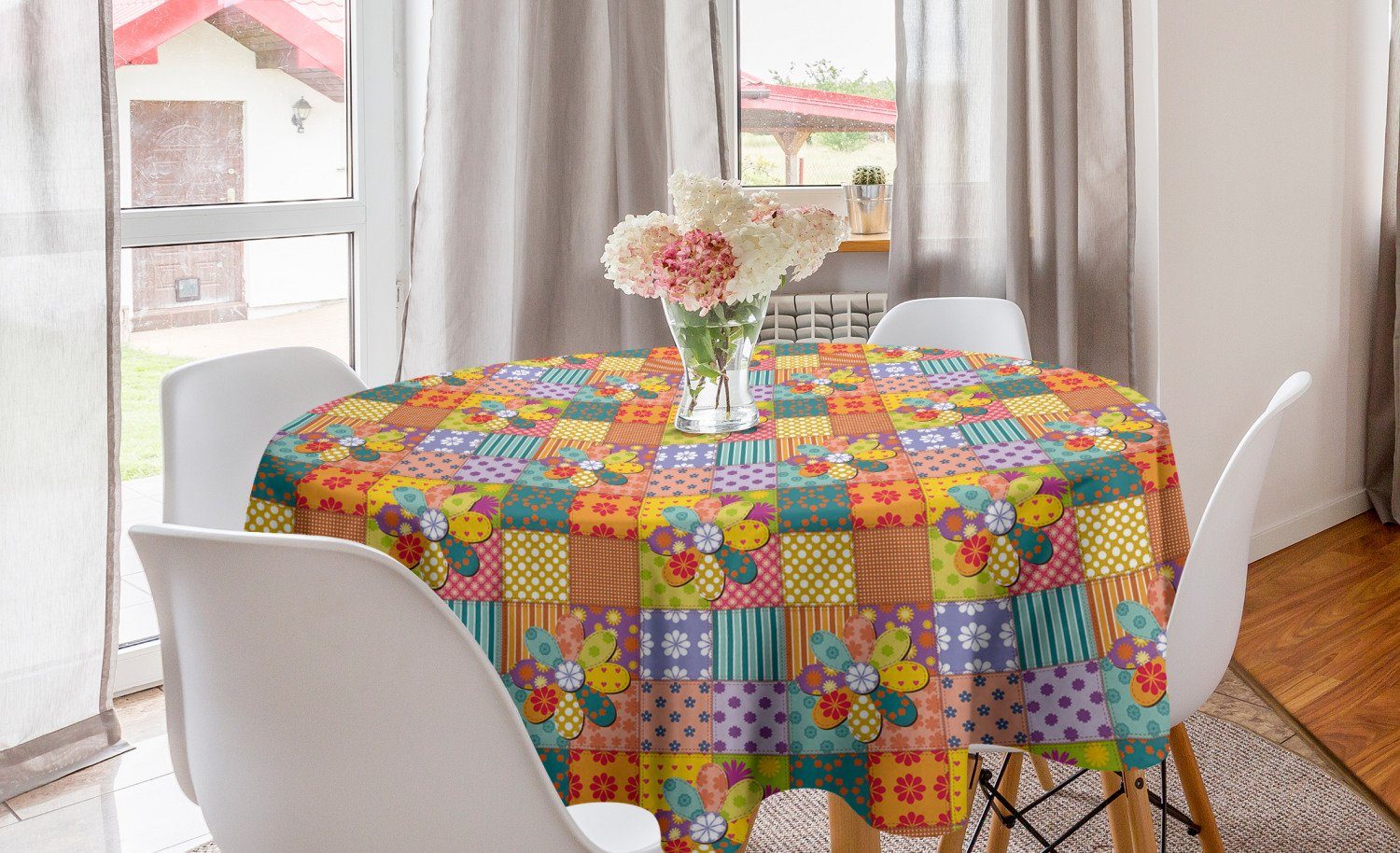 Abakuhaus Tischdecke Kreis Tischdecke Abdeckung für Esszimmer Küche Dekoration, Bunt Blumen-Tupfen Mix