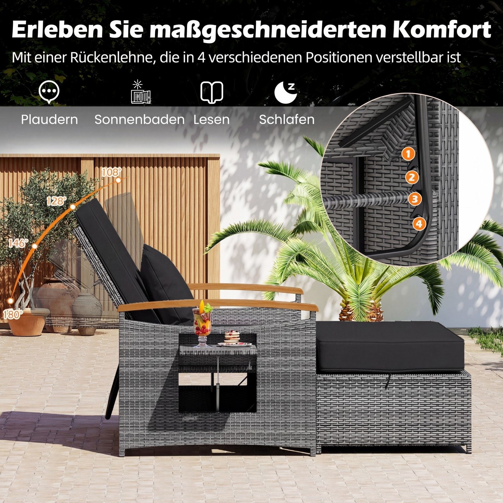 COSTWAY Loungebett, outdoor, Rattan, 2-Personen, Gartenliege mit verstellbarer Rückenlehne