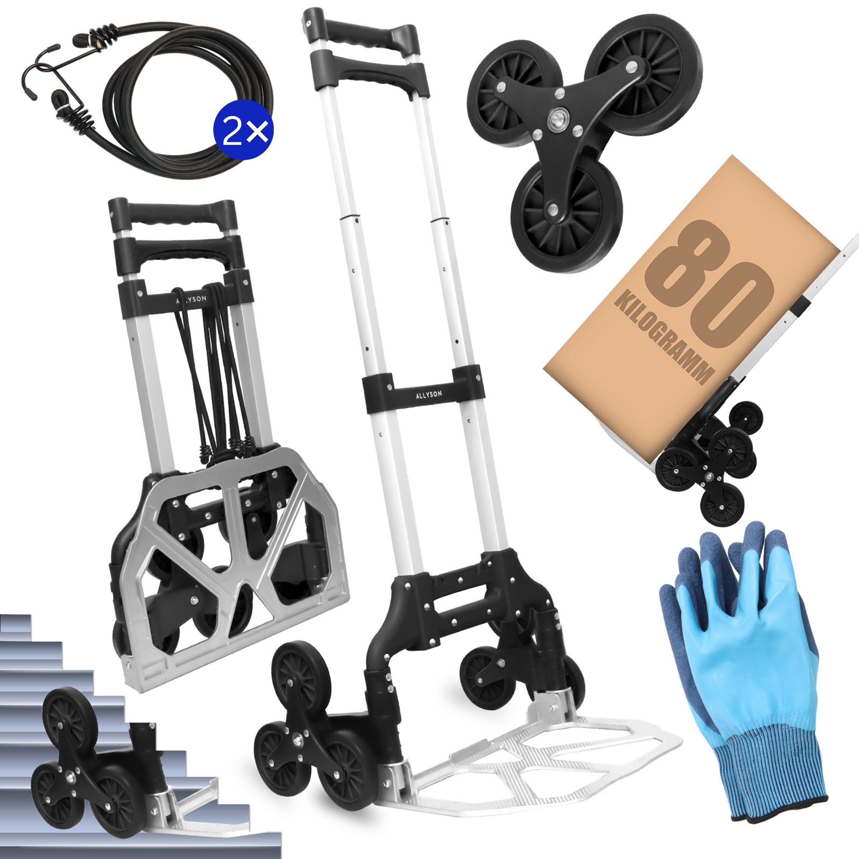 Allyson Treppensackkarre Sackkarre Treppensteiger, Transportwagen Sackkarre klappbar, (Inklusive Sicherheitshandschuhe und Spanngurte), 80 kg Tragkraft, Sechsrädersystem