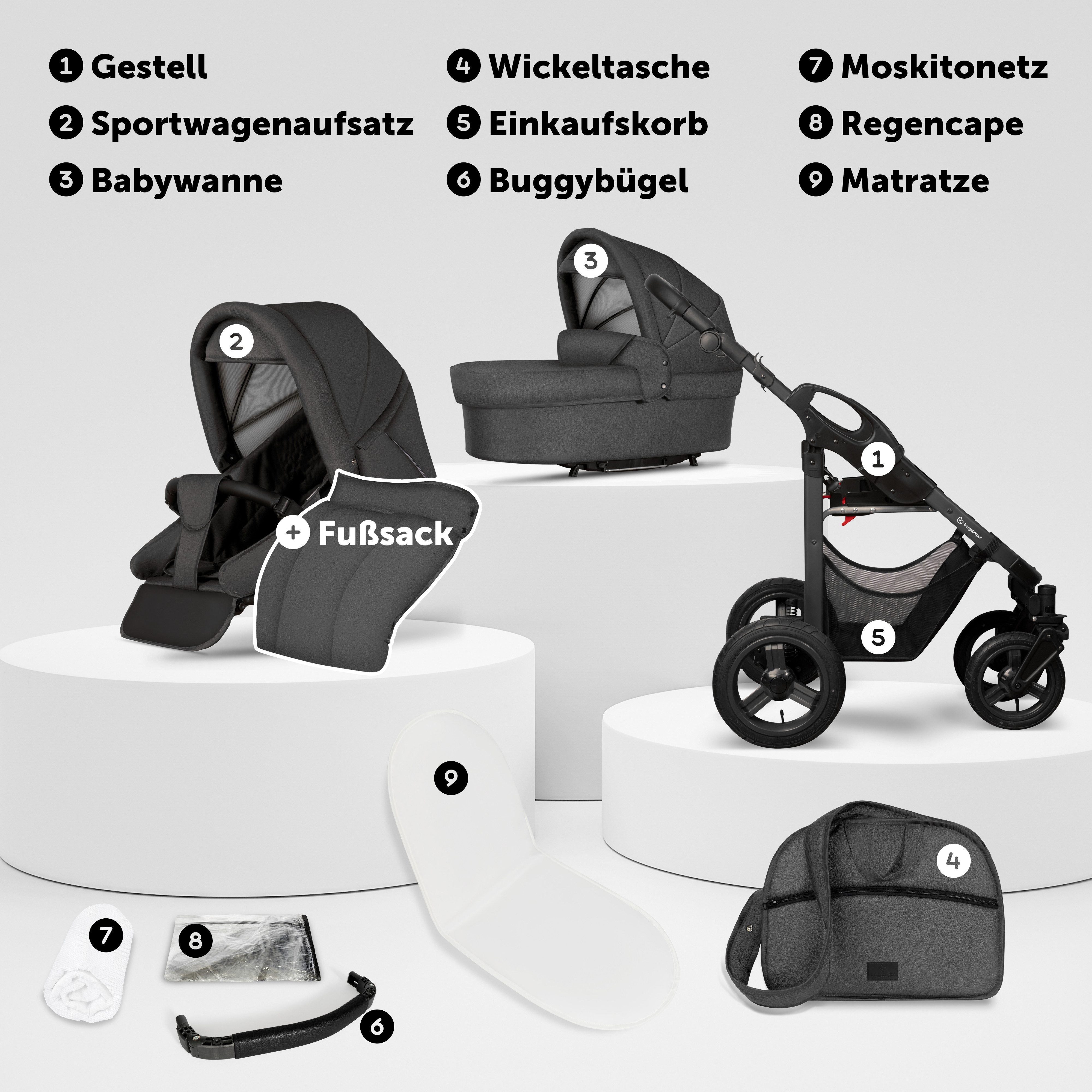 bergsteiger Kombi-Kinderwagen Babywagen Capri 3in1, Kombikinderwagen Komplettset, (10-tlg)