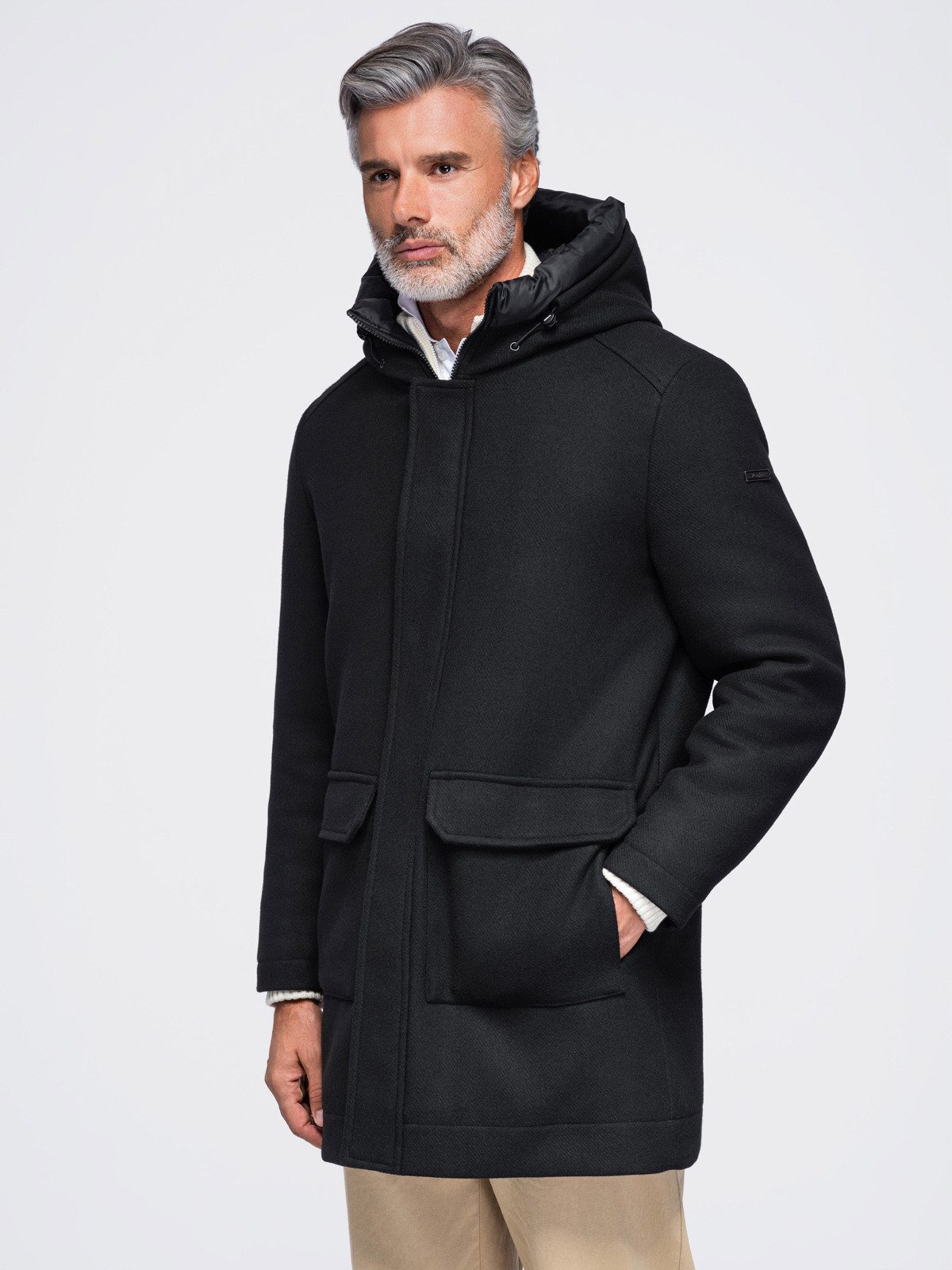 OMBRE Wintermantel Herren Wintermantel mit Kapuze und leichtem Futter Schwarz L (kein Set, 1-tlg) mit Kapuze