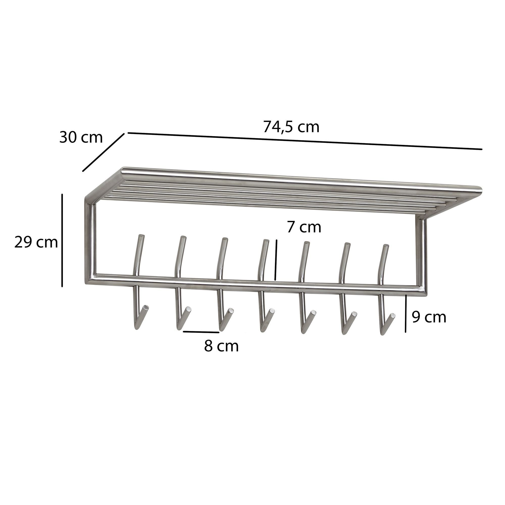 FINEBUY Wandgarderobe FB76204 Garderobe Metall 74,5cm Silber Flur Hakenleiste (5x29x30 cm mit Ablage Modern, Metall Silber 74), Flurgarderobe Modern, Garderobe Wand Stahl