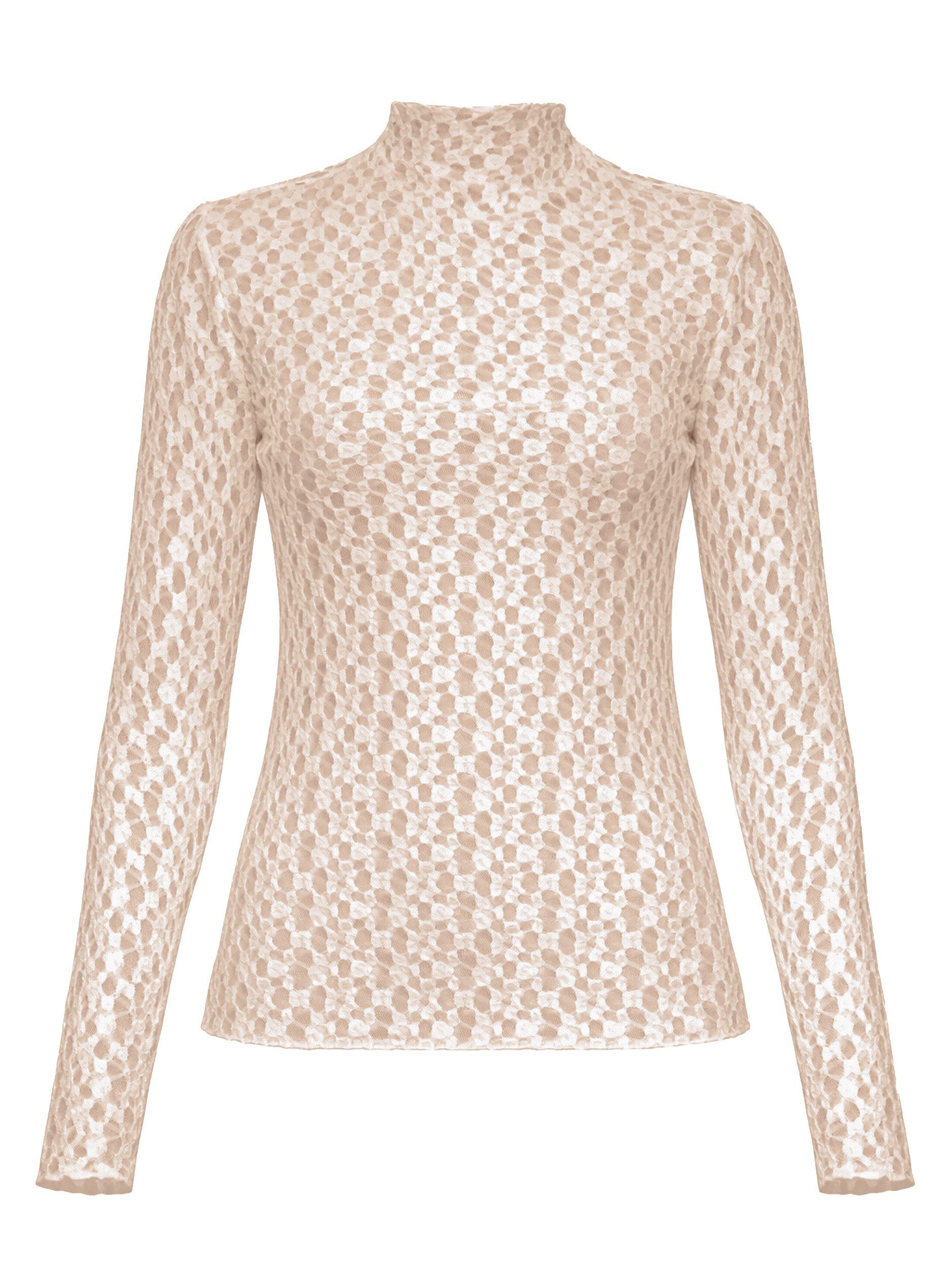 SASSYCLASSY Langarmshirt Langarmshirt aus Spitze für Damen Leicht transparentes Top mit Stehkragen in figurbetontem Schnitt