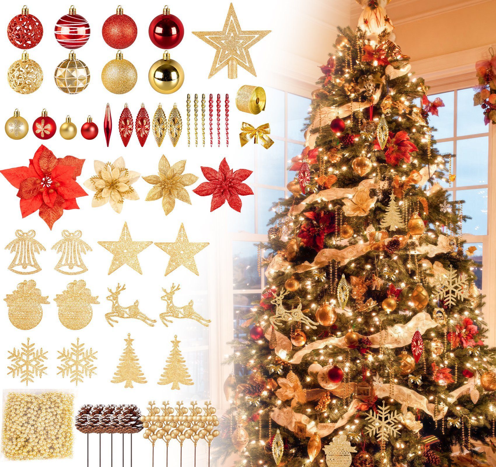 ElitVita Christbaumschmuck 163tlg Weihnachtsbaum Deko Set, mit Spitze Kugeln Blumen Hänger (163-tlg), Rot und Gold, für Weihnachten Wohnzimmer Schlafzimmer Deko