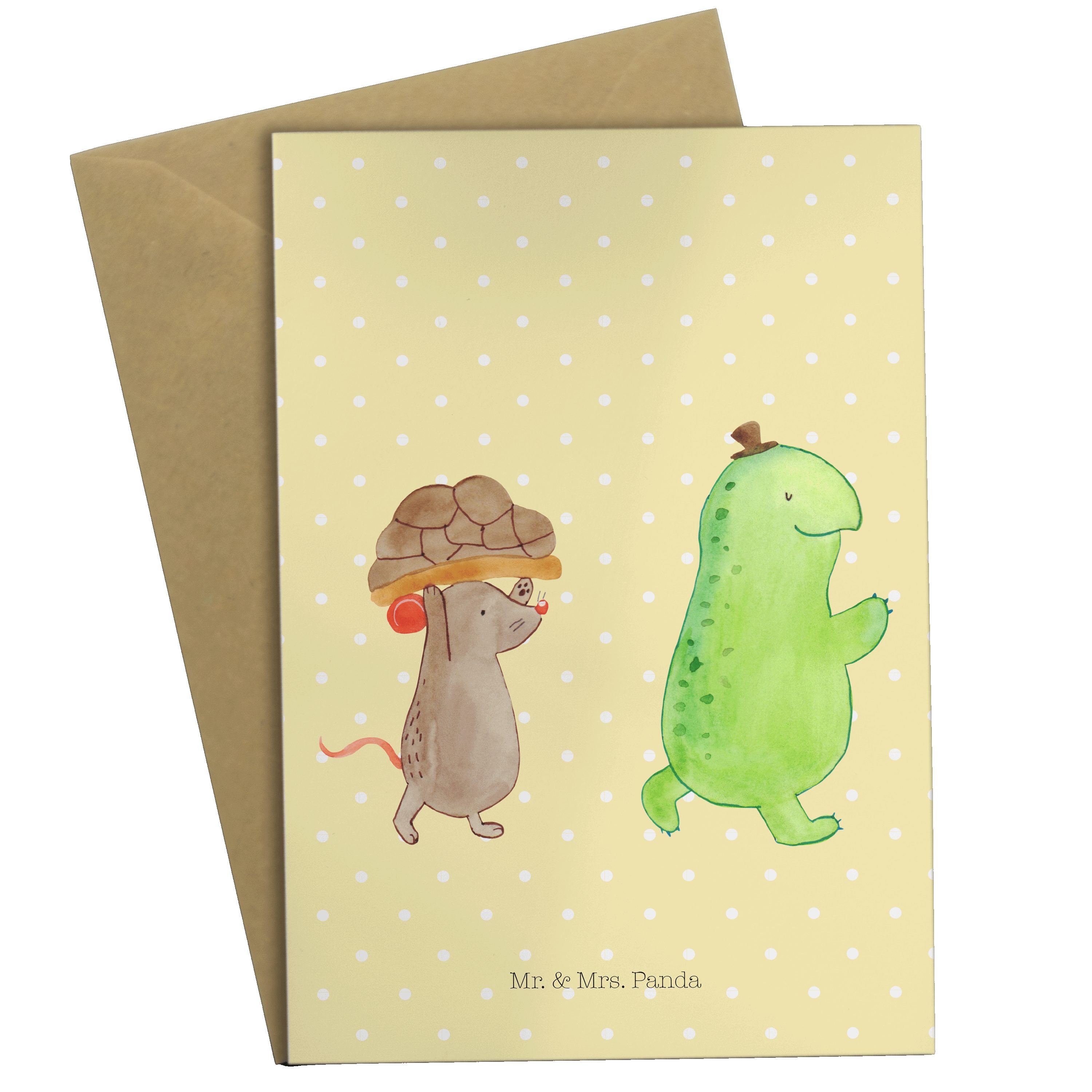 Mr. & Mrs. Panda Grußkarte Schildkröte & Maus - Gelb Pastell - Geschenk, Geburtstagskarte, Einla