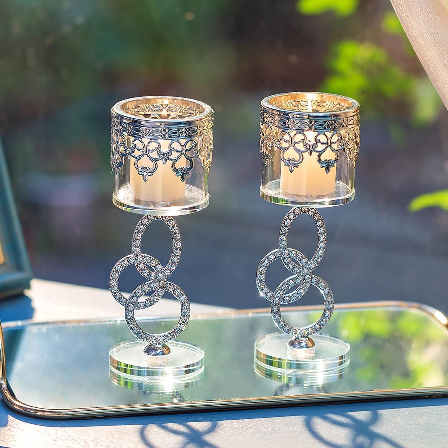 LuxusKollektion Teelichthalter Kristall Glas Teelichthalter, 2er Set Silber Stumpenkerzen Metall