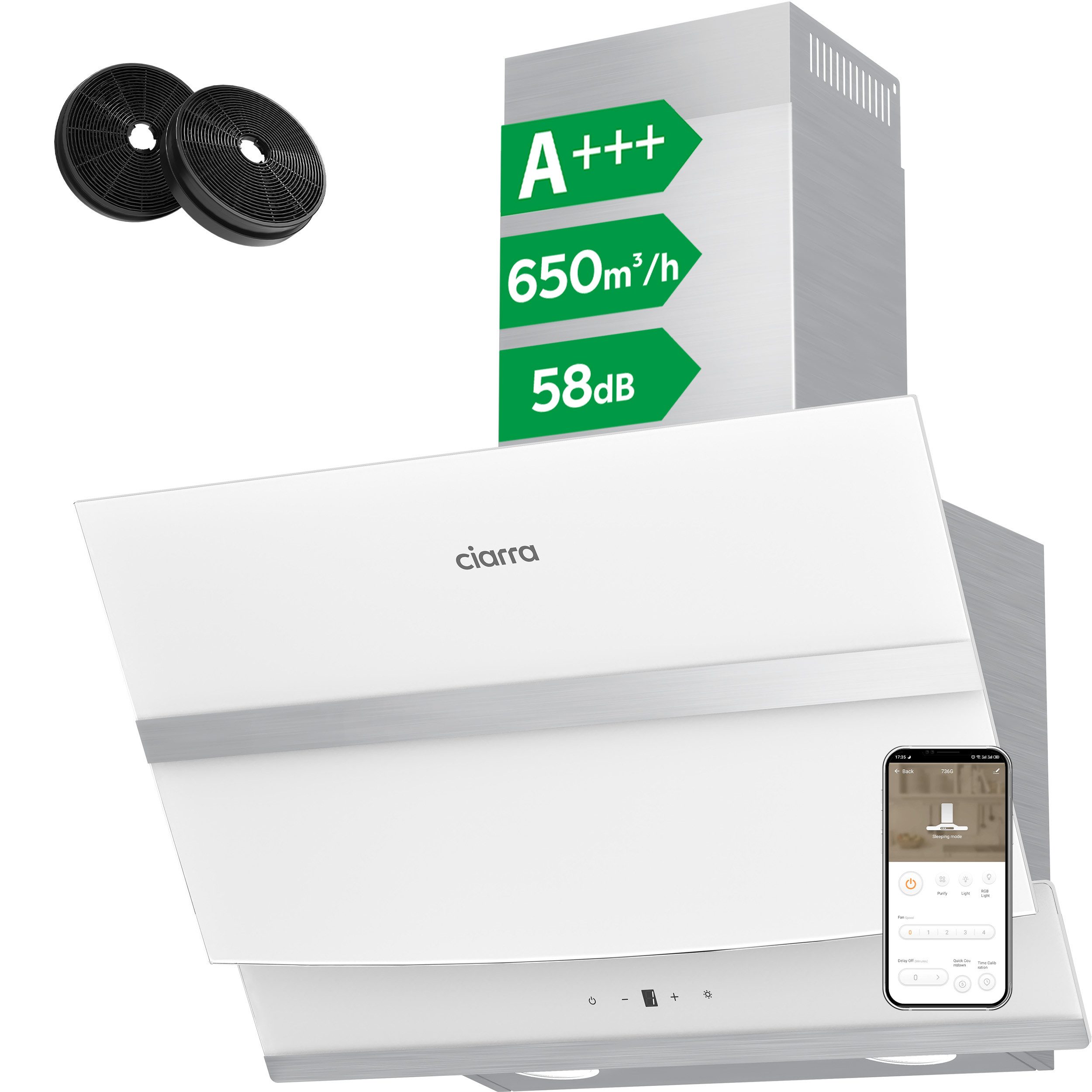 CIARRA Kopffreihaube 60 cm A+++ 650 m³/h Schräghaube leise Umluft & Abluft LED VM6736NW Serie WIFI-APP Touch Control 60 cm A+++ 650 m³/h Schräghaube leise Umluft & Abluft LED VM6736NW, Kopffrei Dunstabzugshaube 5-Minuten-Nachlaufschaltung BOOST 4 Stufen