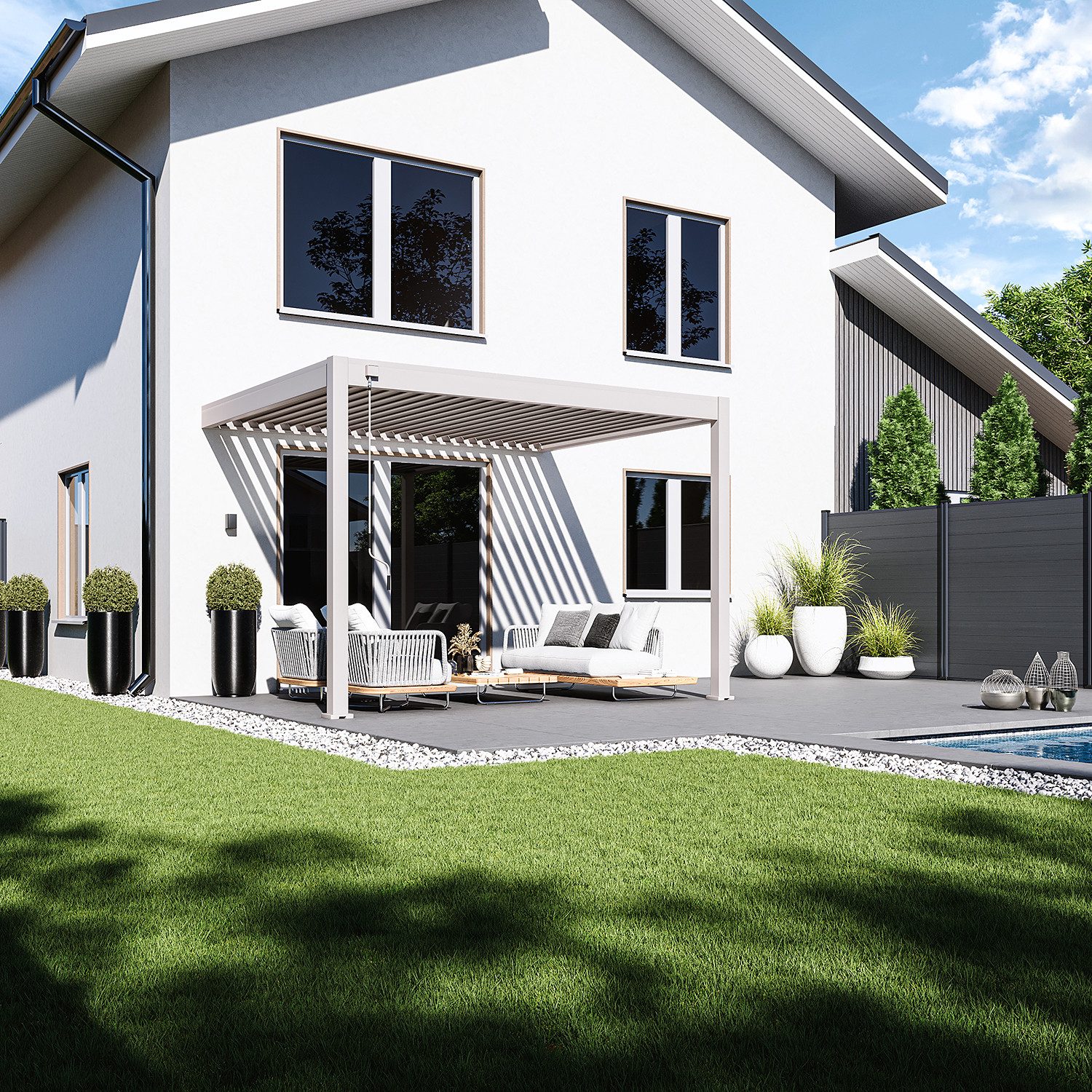 Weide Pergola Deluxe Wand Pavillon Terrassenüberdachung Alu 3 x 3,6 M Sand, BxTxH: 360x300x255 cm, (Hochwertigste Aluminium-Konstruktion & verzinkte Stahl-Lamellen, Komplettset inkl. detaillierter Aufbauanleitung)