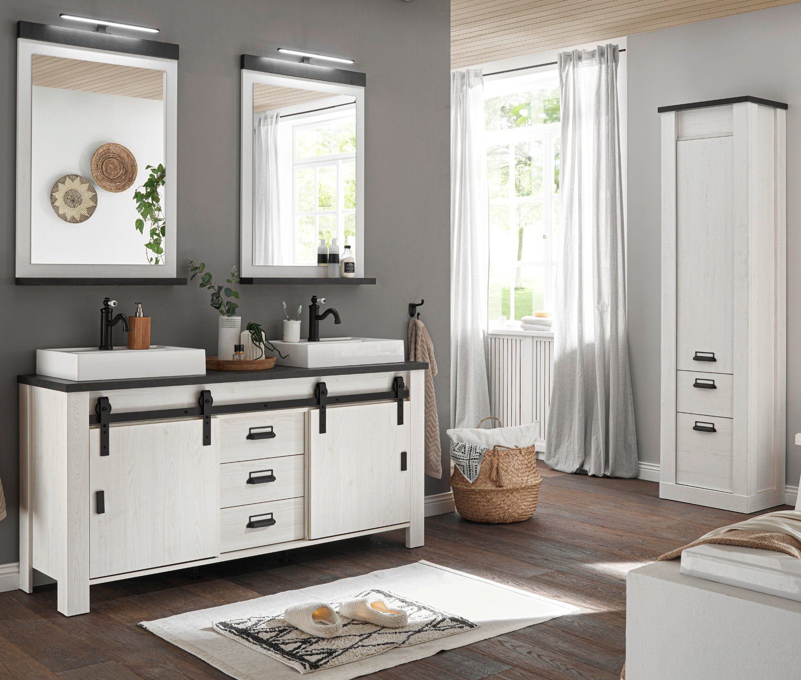 Furn.Design Badezimmer-Set Stove, (in Pinie weiß Landhaus, Komplett-Set), mit Soft-Close, inklusive Beleuchtung und Waschbecken