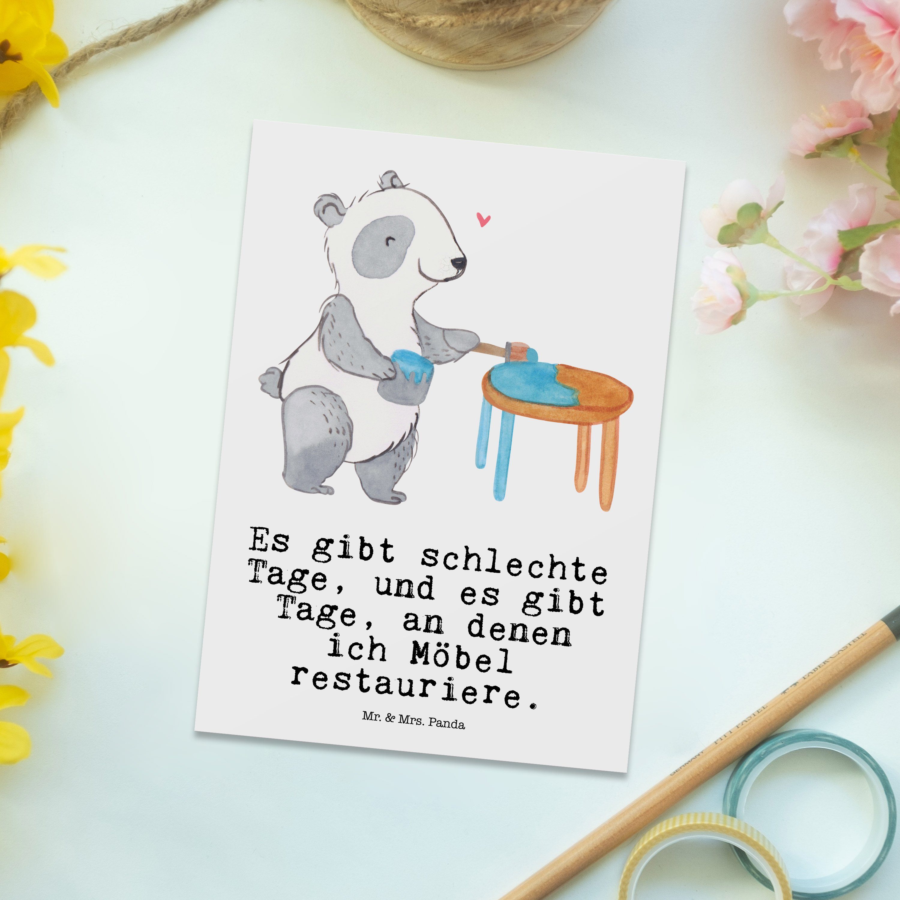 Postkarte Mrs. Geschenk, restaurieren - Mr. Gewinn Möbel Panda Tage Panda & Dankeskarte, Weiß -