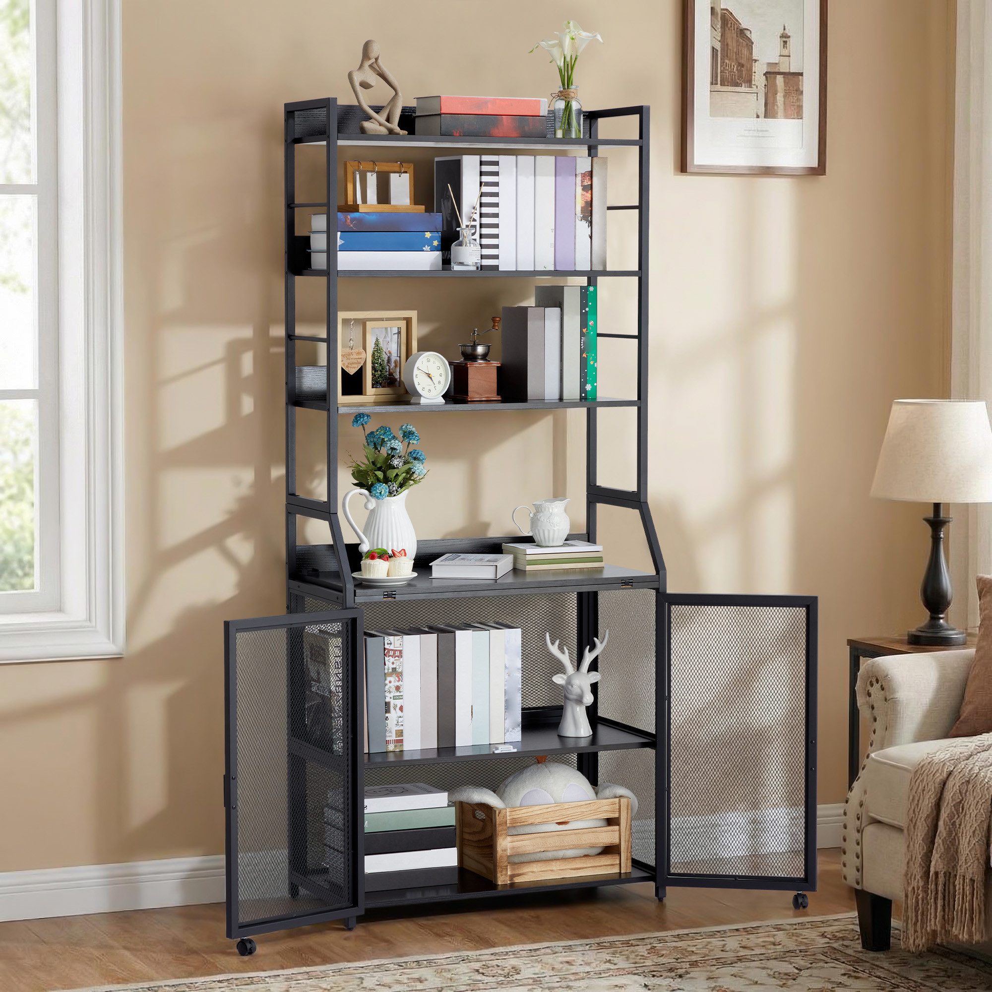 GarveeMore Regal-Schreibtisch 2-in-1, Kippschutz, Schranktür mit Rollen, 10 kg Traglast pro Ebene, aus Metall & Spanplatte, 180 x 60 x 25 cm, schwarz/weiß/braun – Bild 3 von 5