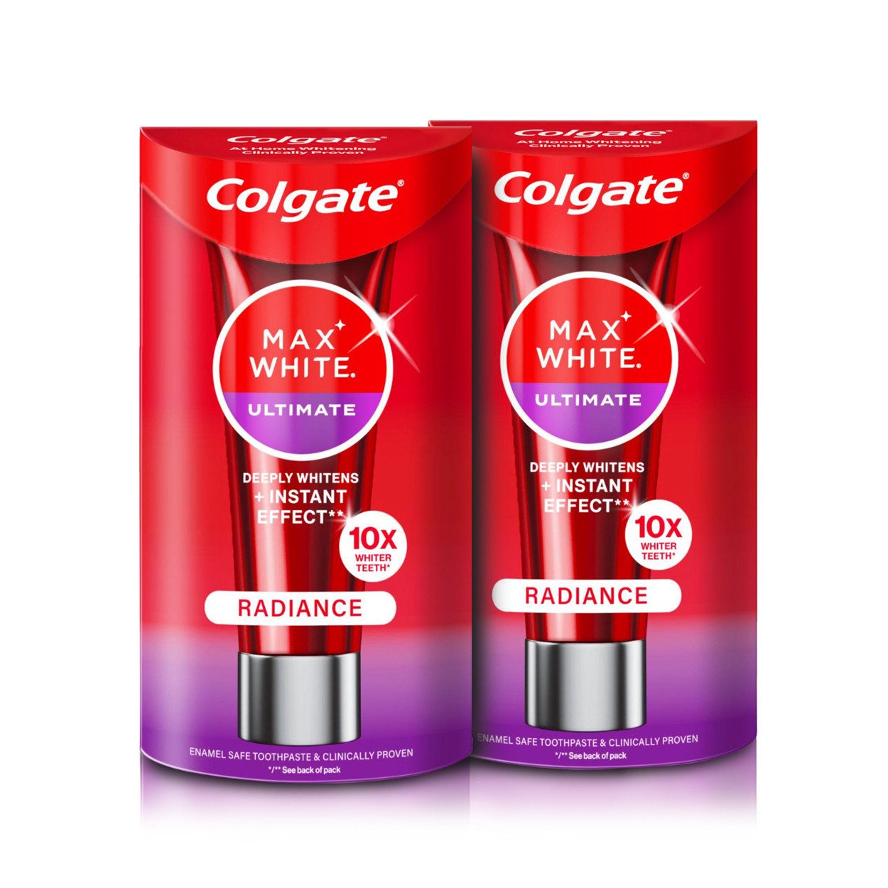 Colgate Zahnbleaching-Paste Ultimate Radiance, Whitening Zahnpasta, 2x 75ml, 10-mal weißere Zähne im Vergleich zu herkömmlicher Zahnpasta