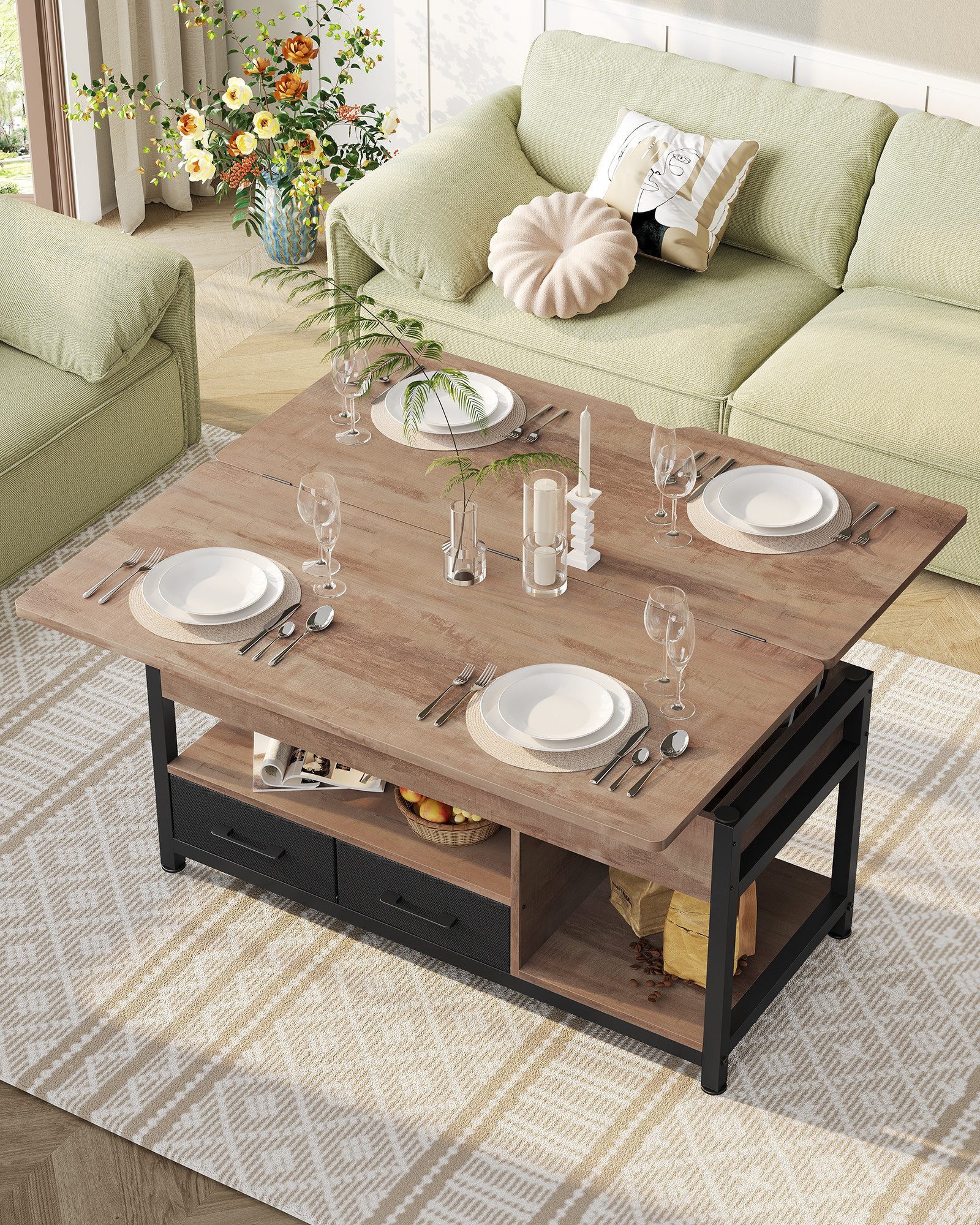 MSMASK Couchtisch 3-in-1-Multifunktions-Wohnzimmertisch mit 2 Schubladen, Kaffeetisch, Versteckte Aufbewahrung, 50T x 100B x 50H cm