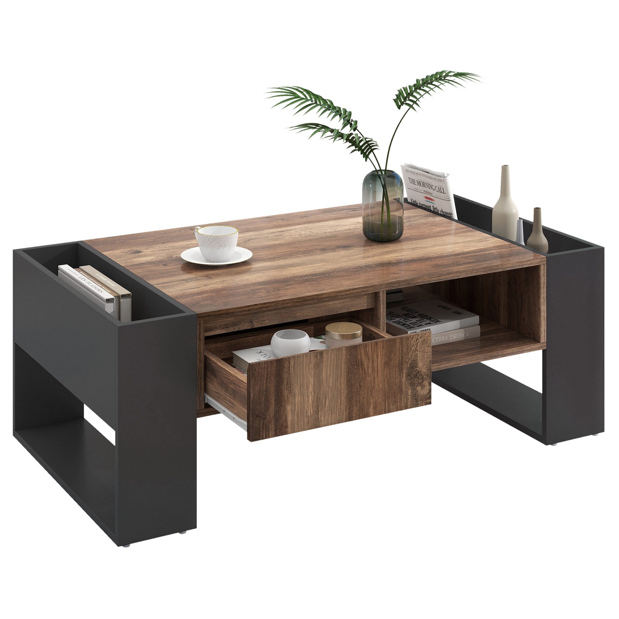 SOFTWEARY Couchtisch mit Schublade und offenen Fächern (111/60/40 cm), Beistelltisch, Sofatisch