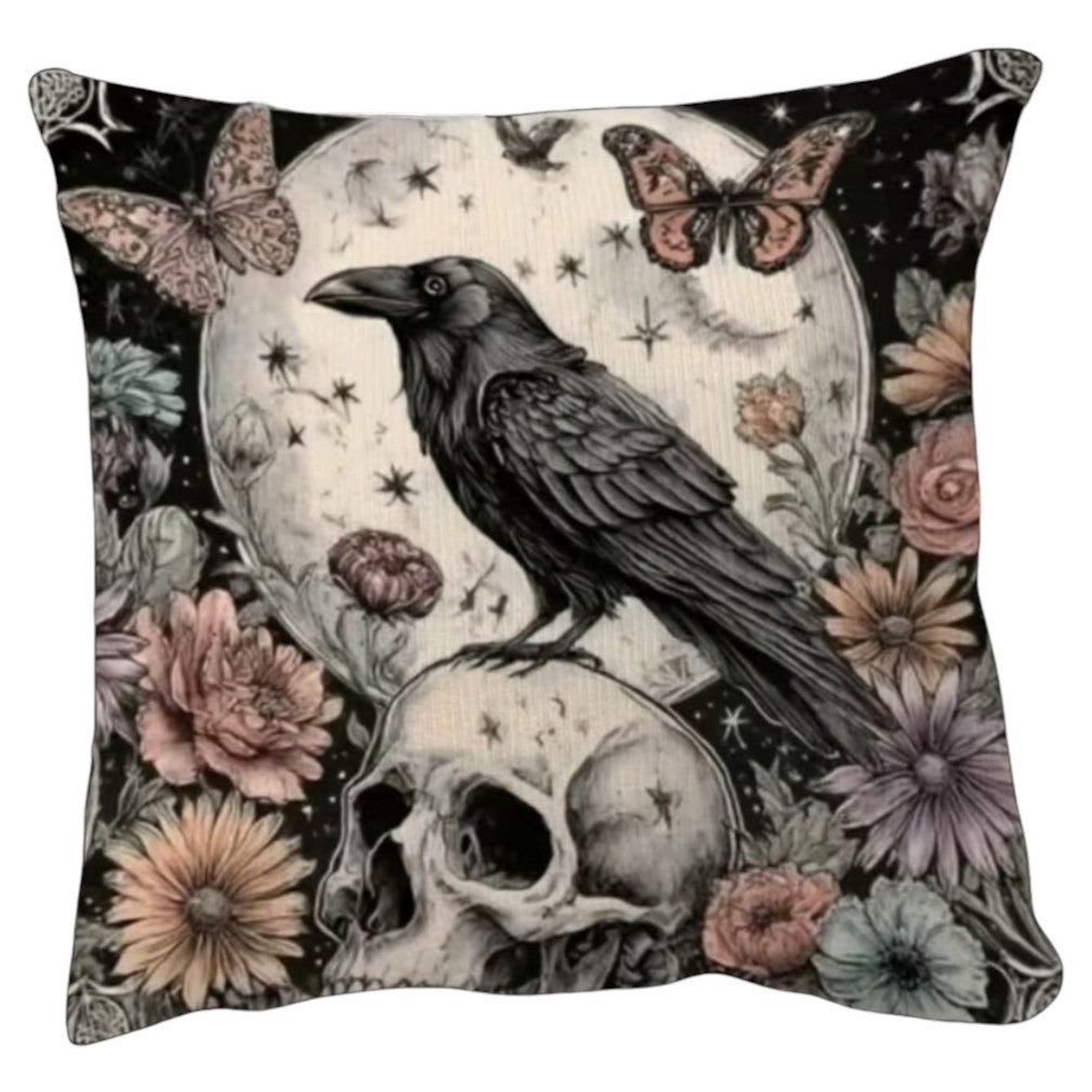 Dark-Desires Dekokissen Dekokissen Gothic Rabe & Schädel – Halloween Vollmond Floral Vintage, Dekokissen Gothic Rabe & Schädel – Halloween Vollmond Floral Vintage