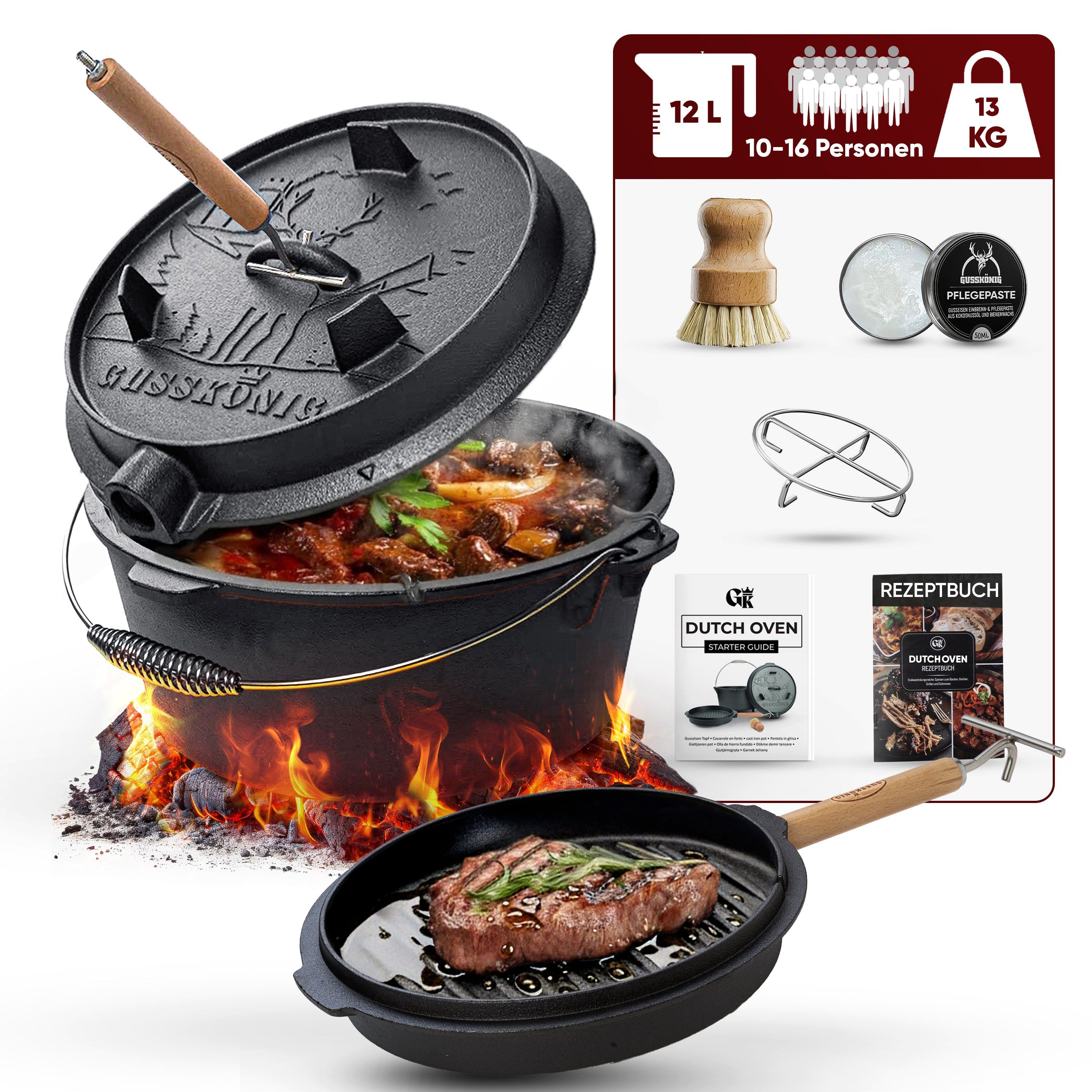 GUSSKÖNIG Grilltopf GUSSKÖNIG Dutch Oven Topf ohne Füßen 12Liter+Pflegepaste Untersetzer