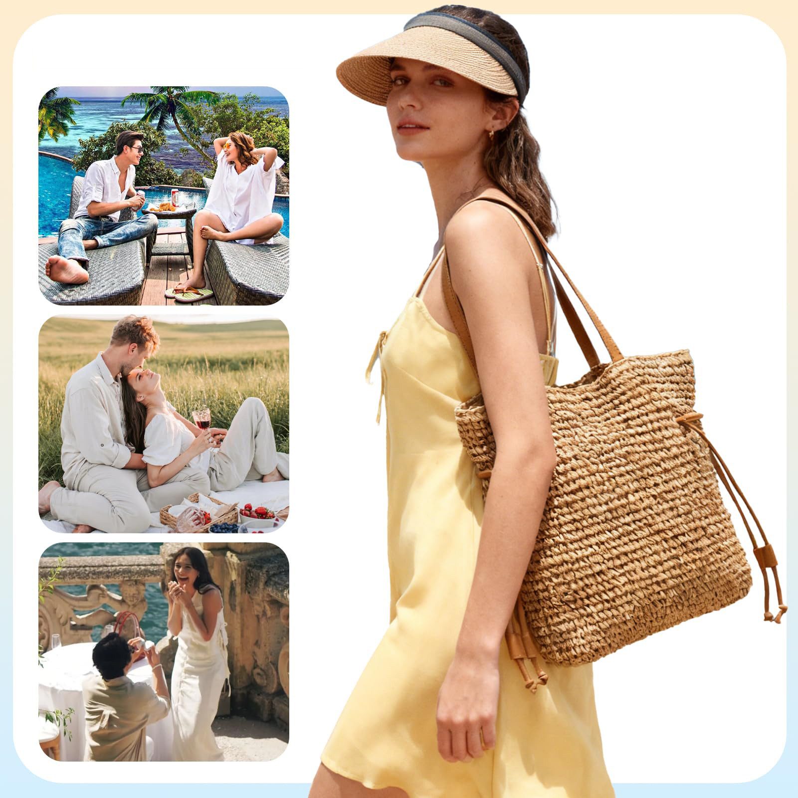 FOUORTUNATE-BEE Handtasche Damen Strohtaschen, Geflochtene Sommer-Handtasche, Strand-Tote (Kordelzug-Schultertasche)