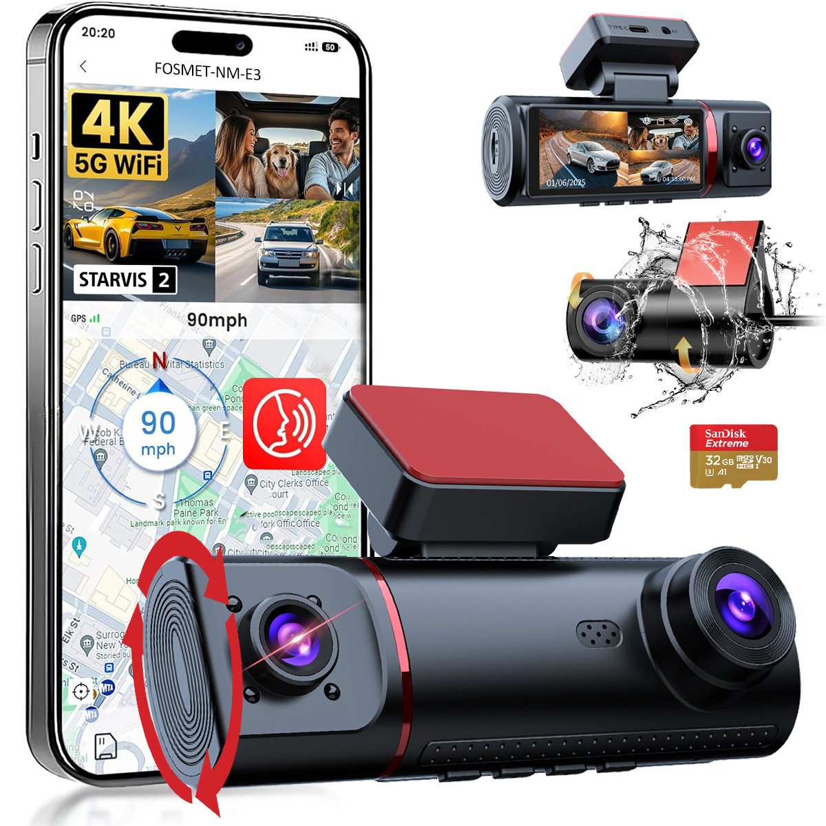 FOSMET Dashcam Auto,3 Channel 3.16" IPS-Bildschirm,mit GPS,WiFi,Auto kamera Dashcam (4K/2,5K+1080P, G-Sensor, 32GB-Karte, wasserfest, 170°Weitwinkel WDR,Loop-Aufnahme,Parküberwachung,Unterstützt 256GB Max)