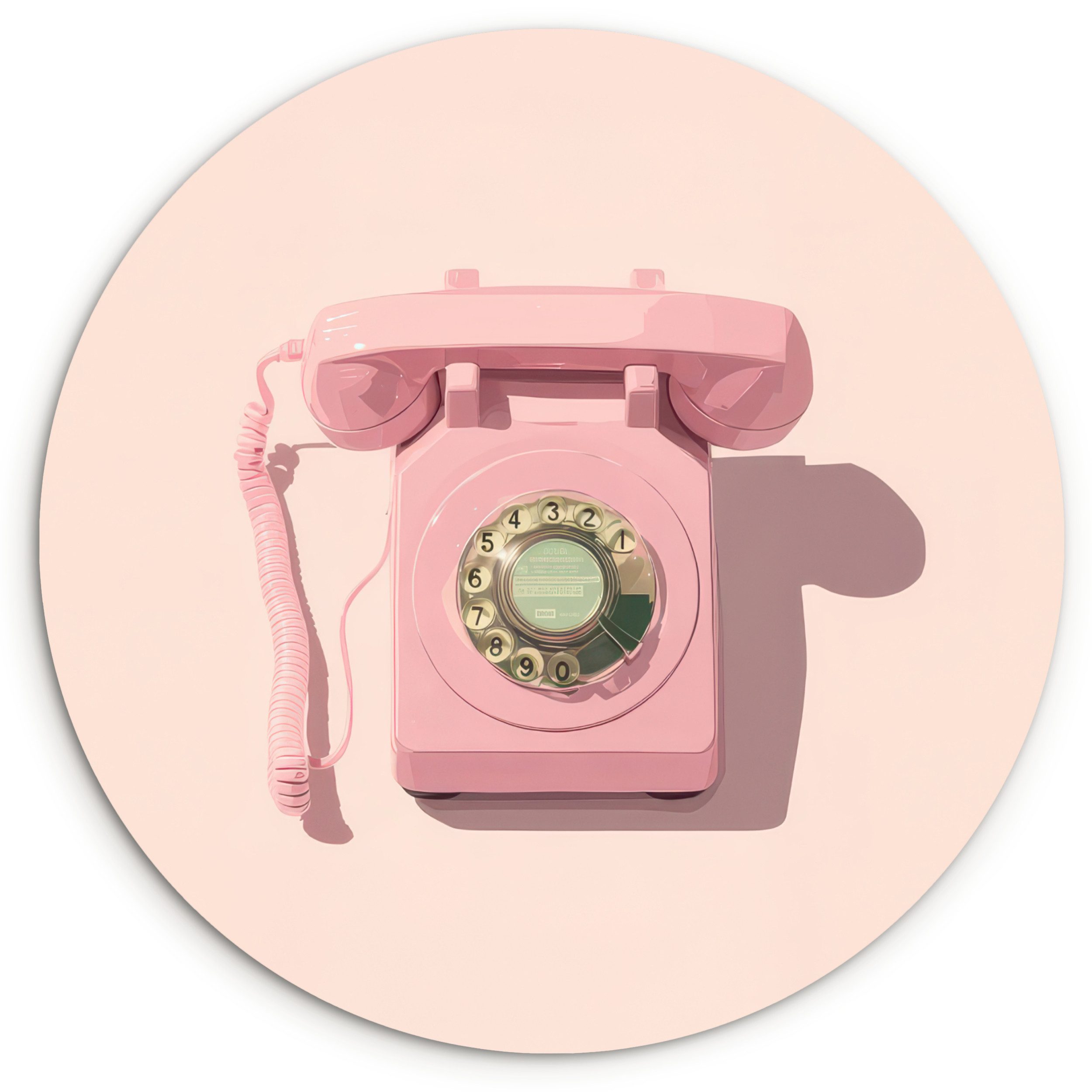 MuchoWow Gemälde Drehbares Telefon - Retro - Rosa, Fotodruck (1 St), Kreis Wanddekoration, Rundes Wandbild, 30x30 cm