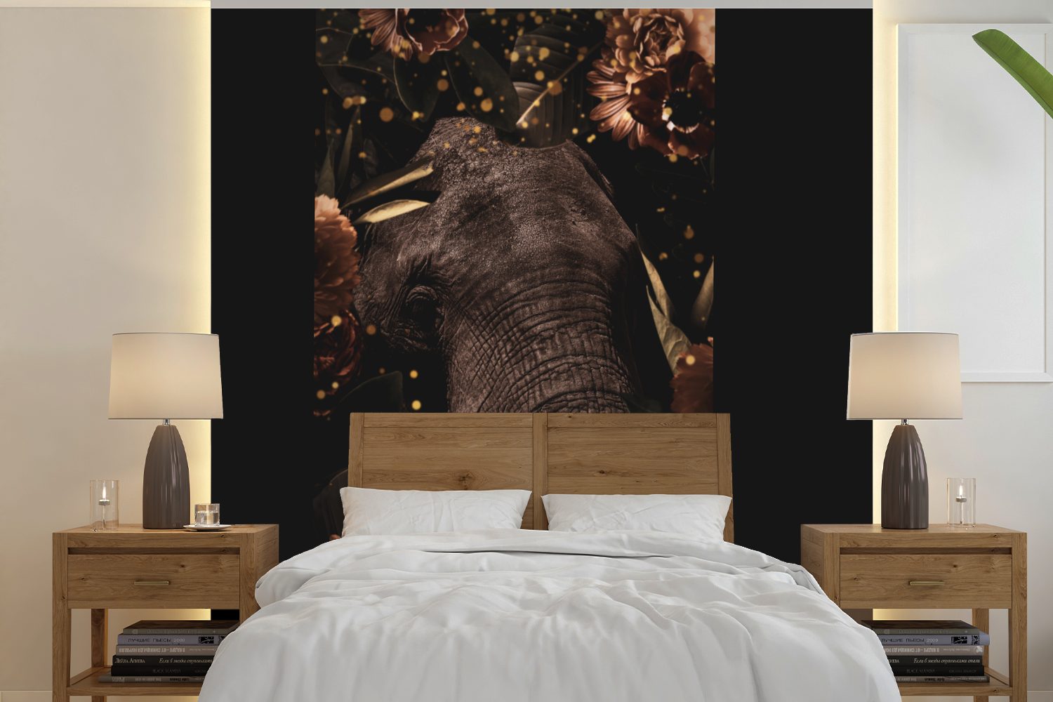 MuchoWow Fototapete Elefant - Tiere - Blumen - Licht, Matt, bedruckt, (5 St), Vinyl Tapete für Wohnzimmer oder Schlafzimmer, Wandtapete