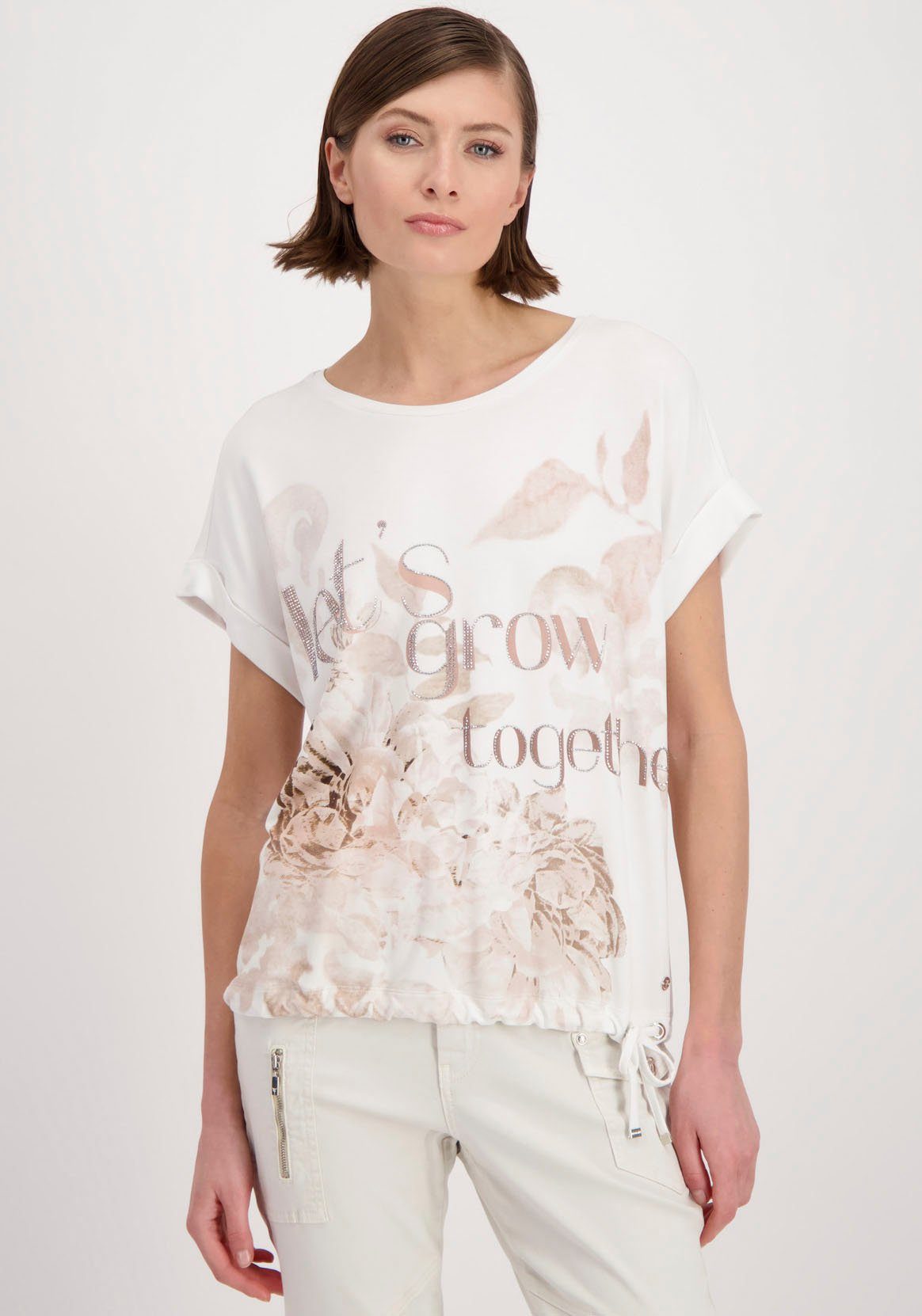 Monari Rundhalsshirt mit Alloverprint, Feminines Shirt mit Blumendruck und  Schriftzug von Monari | T-Shirts
