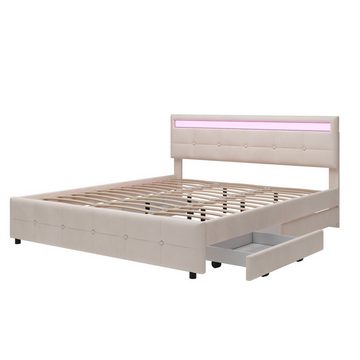 Ulife Polsterbett Doppelbett mit 4 Schubladen, LED, Samt, Verstellbares Kopfteil