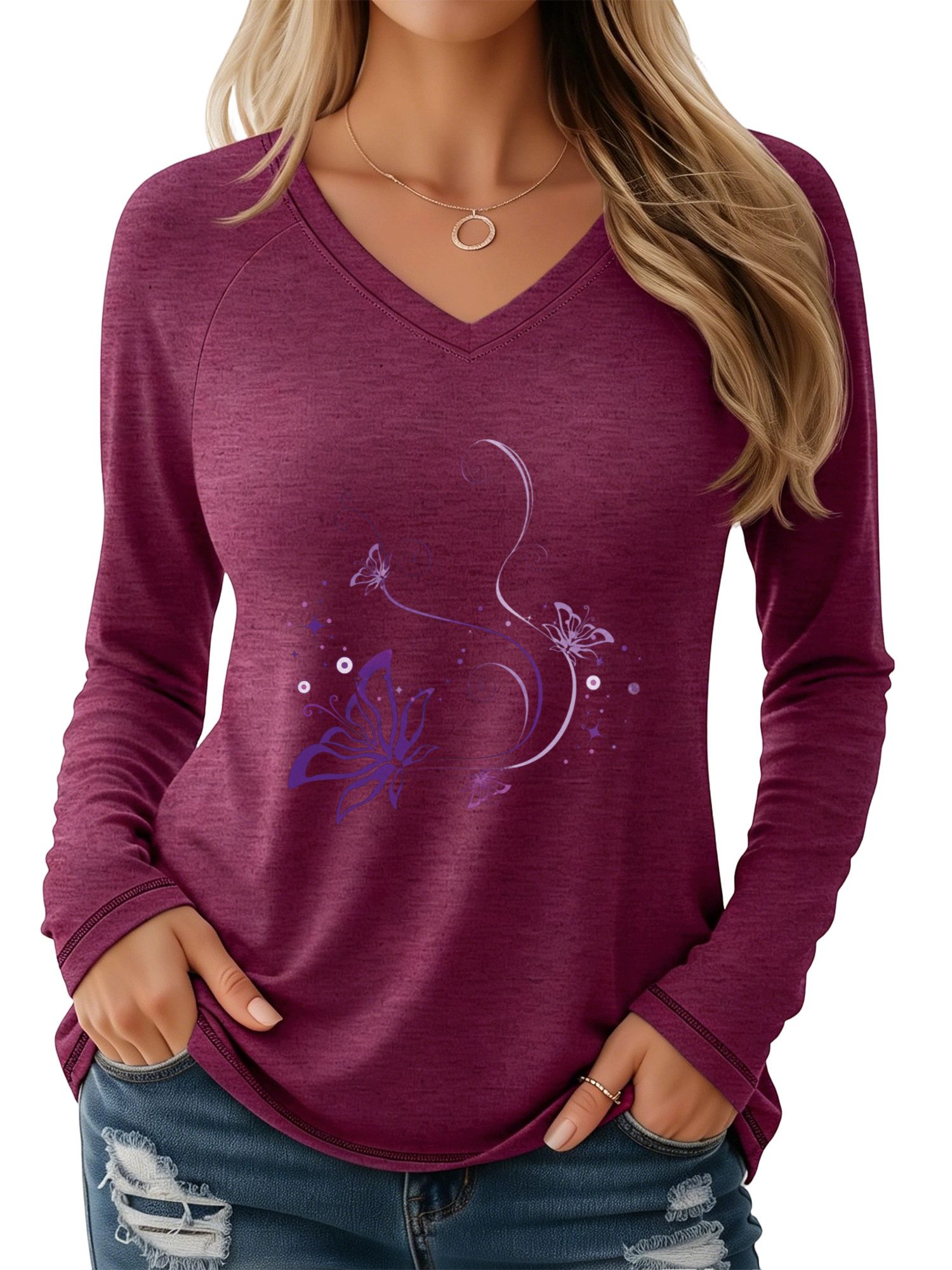 PYLIKE Longsleeve Damen V-Ausschnitt Longsleeve mit Schmetterling Print-Shirt Geeignet für den täglichen Gebrauch im Büro und zu Hause