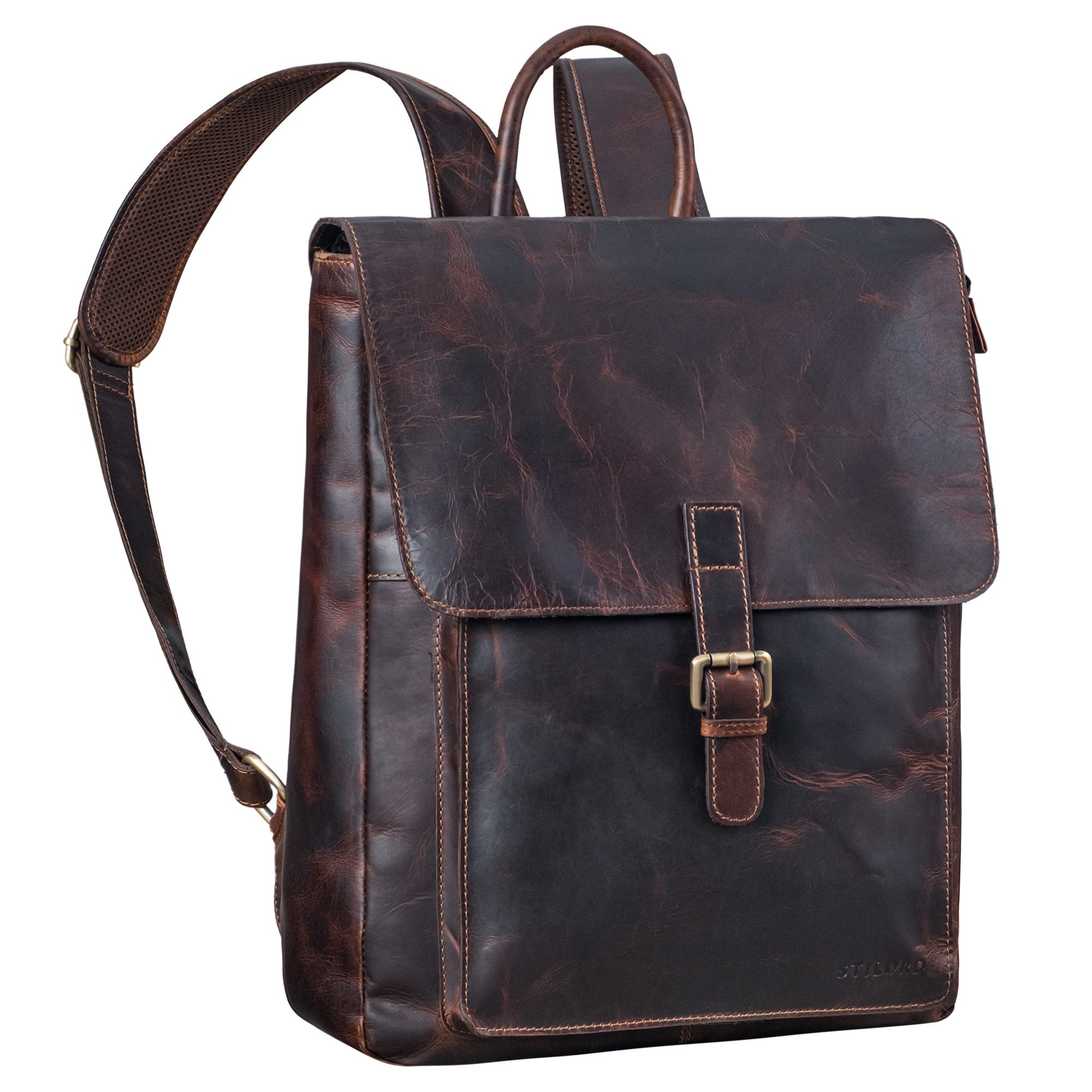 STILORD Notebookrucksack "Debbie" Großer Vintage Lederrucksack Damen mit Laptopfach 15.6 Zoll