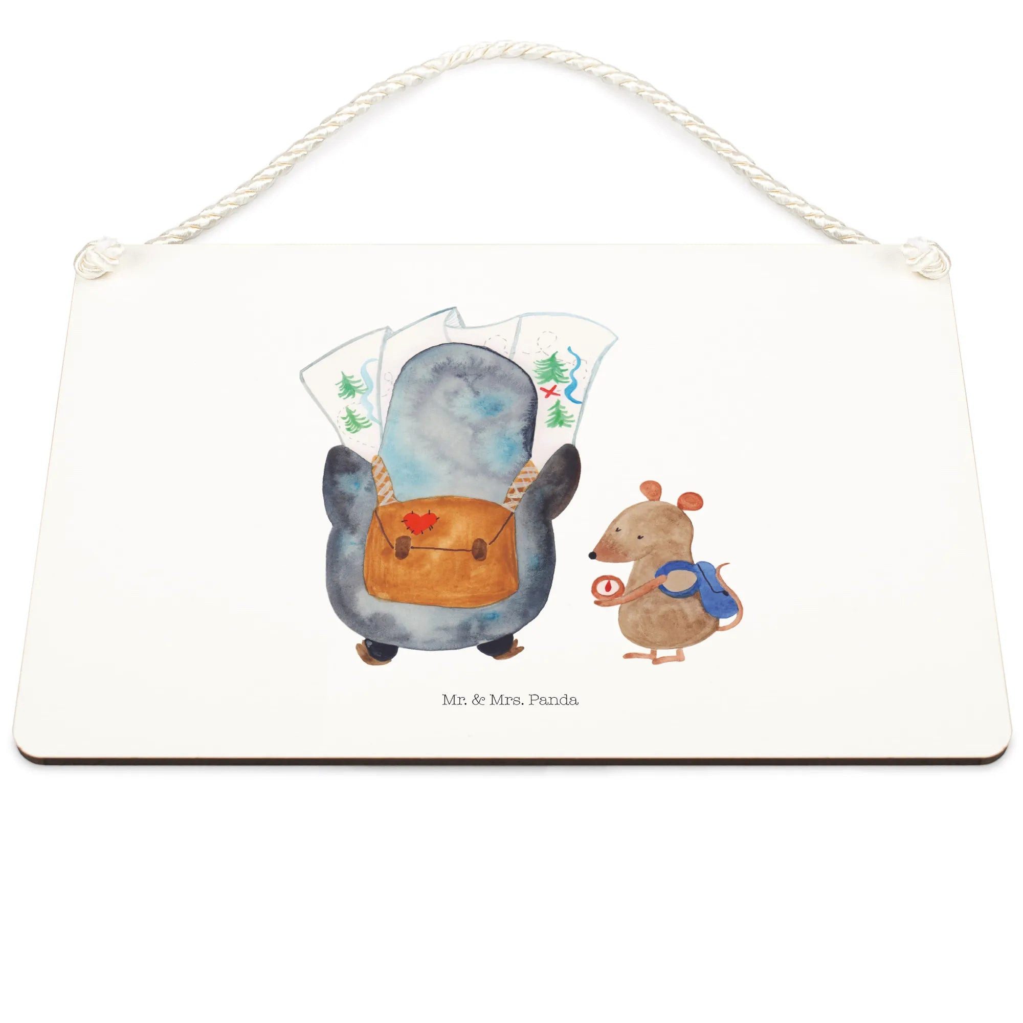 Thumbnail - Mr. & Mrs. Panda Hinweisschild Pinguin & Maus Wanderer DIN A5 - Weiß - Geschenk, Pinguine, Holzschil, (Packung, 1 St., P...