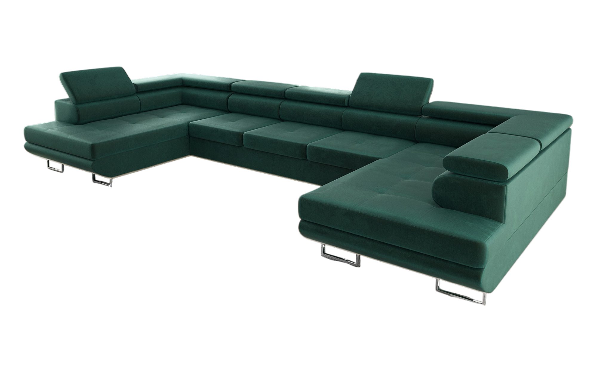thematys Ecksofa Aston U 403 x 203cm mit Schlaffunktion & Bettkasten –, U-Sofa mit verstellbaren Kopfstützen, Samt (Monolotith), oder Cord (Poso), - U-Form, XL-Wohnlandschaft, 390 cm breit