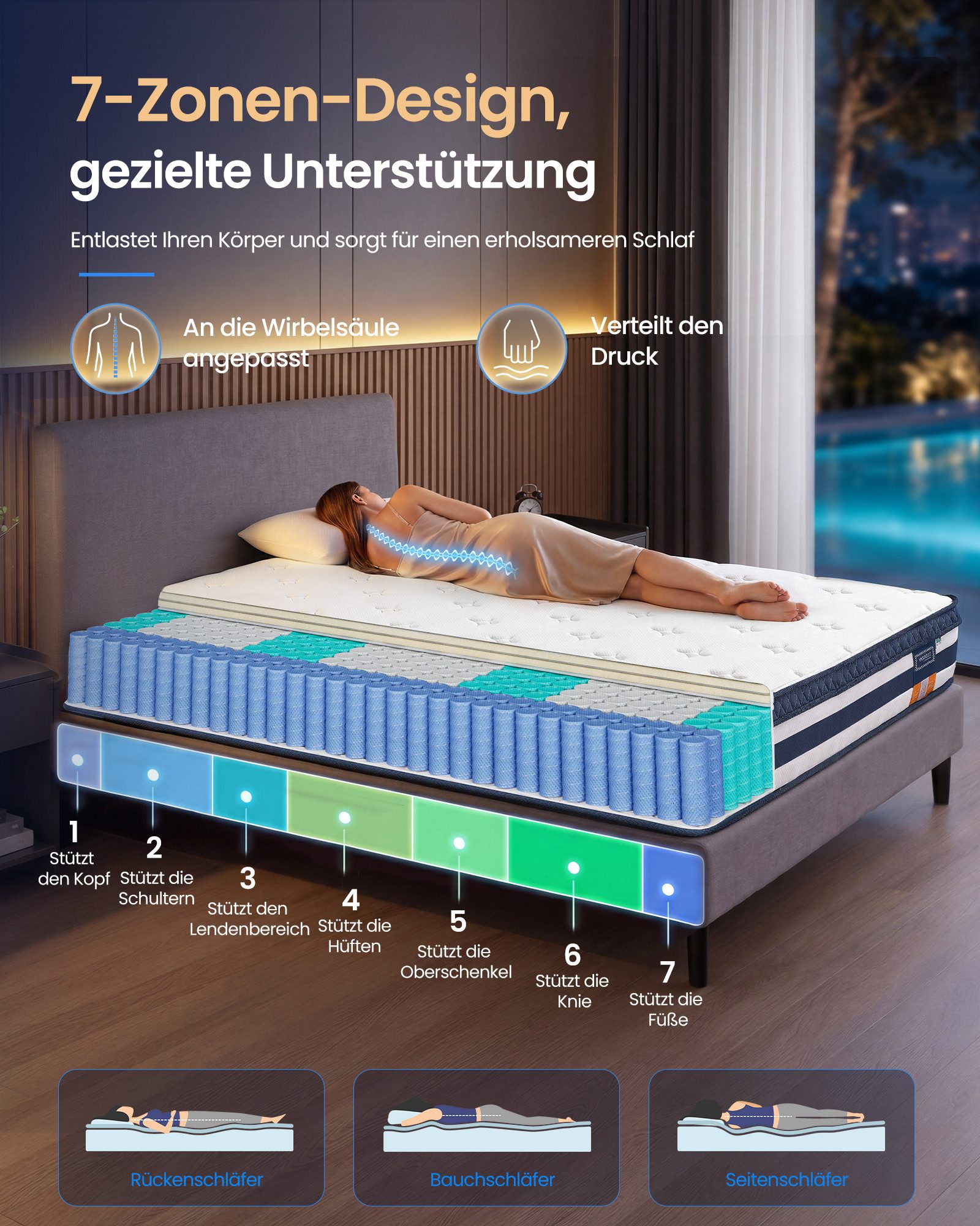 Taschenfederkernmatratze Federkernmatratze, VASAGLE, 25 cm hoch, 7-Zonen-Unterstützung, aus Gel-Memory-Schaumstoff, mittelfest, H3