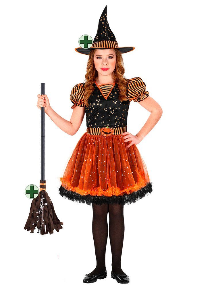 Karneval-Klamotten Hexen-Kostüm Schwarz orange glitzer Hexe + Hexenhut Hexenbesen, Kinderkostüm Mädchenkostüm Halloween Kleid, Hut und Hexenbesen