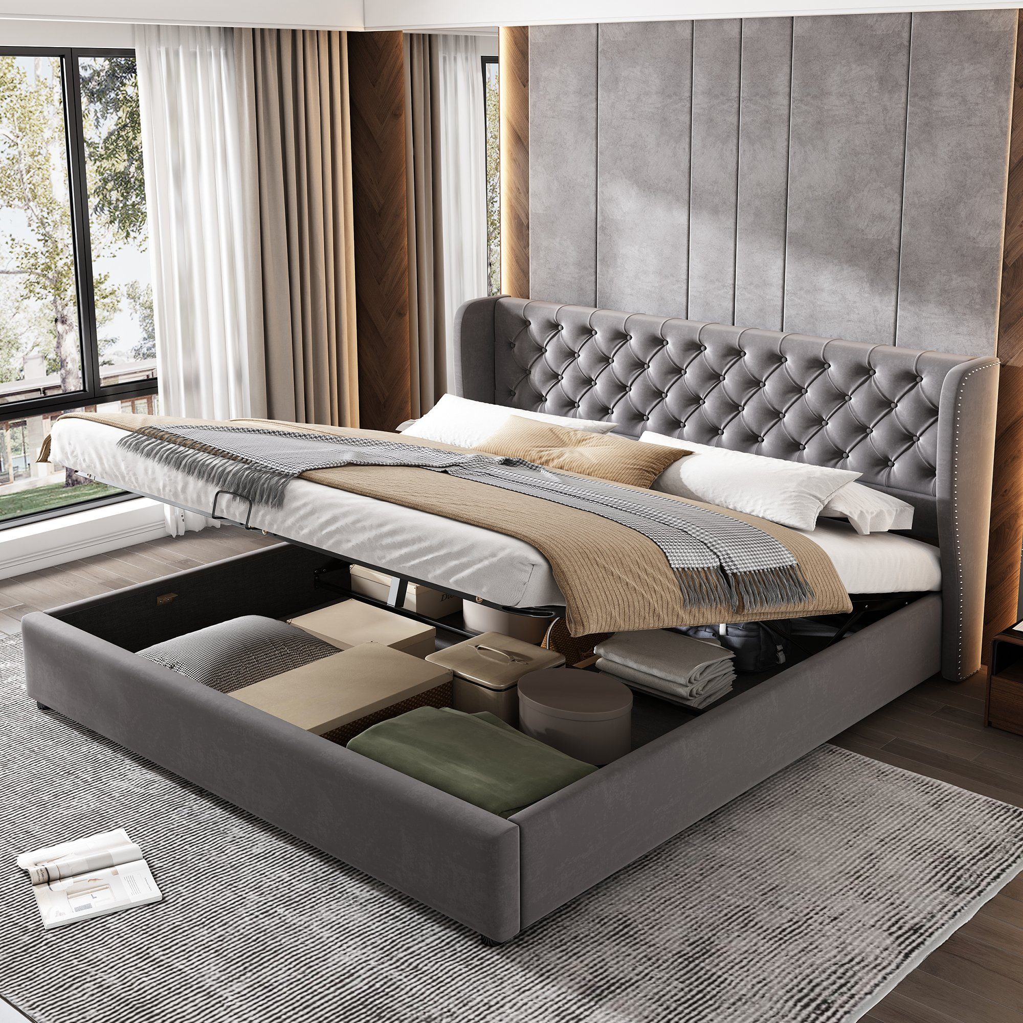 Flieks Polsterbett, Staumraumbett Doppelbett Kiefernholz Flanell 180*200cm günstig online kaufen