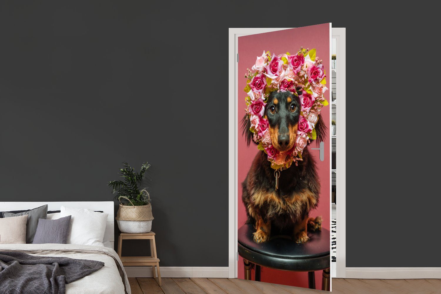 MuchoWow Türtapete Tier - Blumen Hund, Tür, Matt, 75x205 cm Türaufkleber, - St), für (1 Fototapete bedruckt
