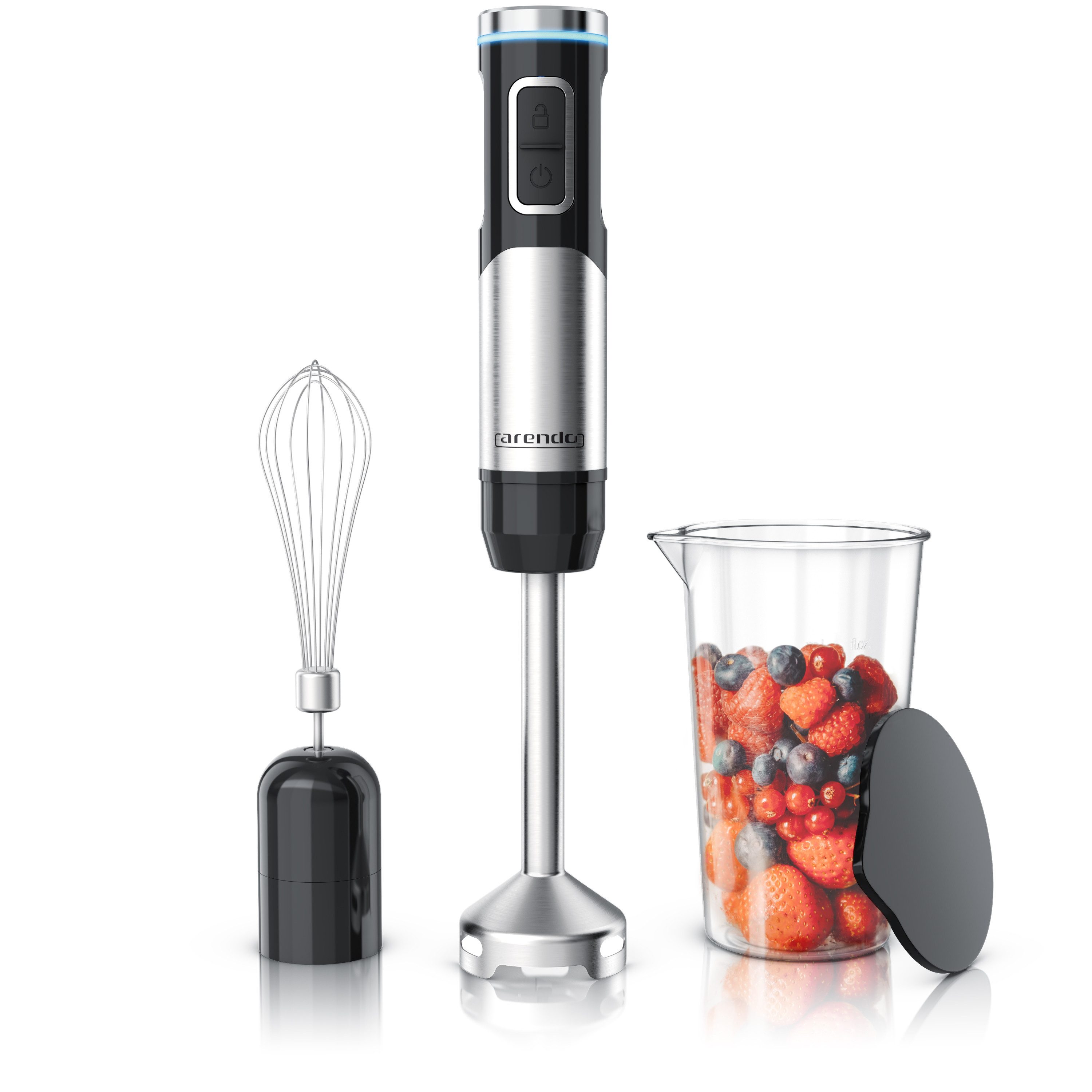 Arendo Akku-Stabmixer Edelstahl Pürierstab, Ручные миксера, stufenlose Regelung, Li-Ionen-Akku, 200 W, mit Schneebesen, Messbecher, 4-Klingen-Messer, Mixfuß, Tastensperre