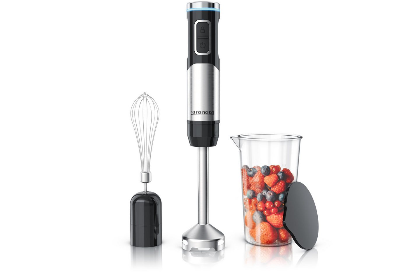 Arendo Akku-Stabmixer Edelstahl Pürierstab, Handmixer, stufenlose Regelung, Li-Ionen-Akku, 200 W, mit Schneebesen, Messbecher, 4-Klingen-Messer, Mixfuß, Tastensperre