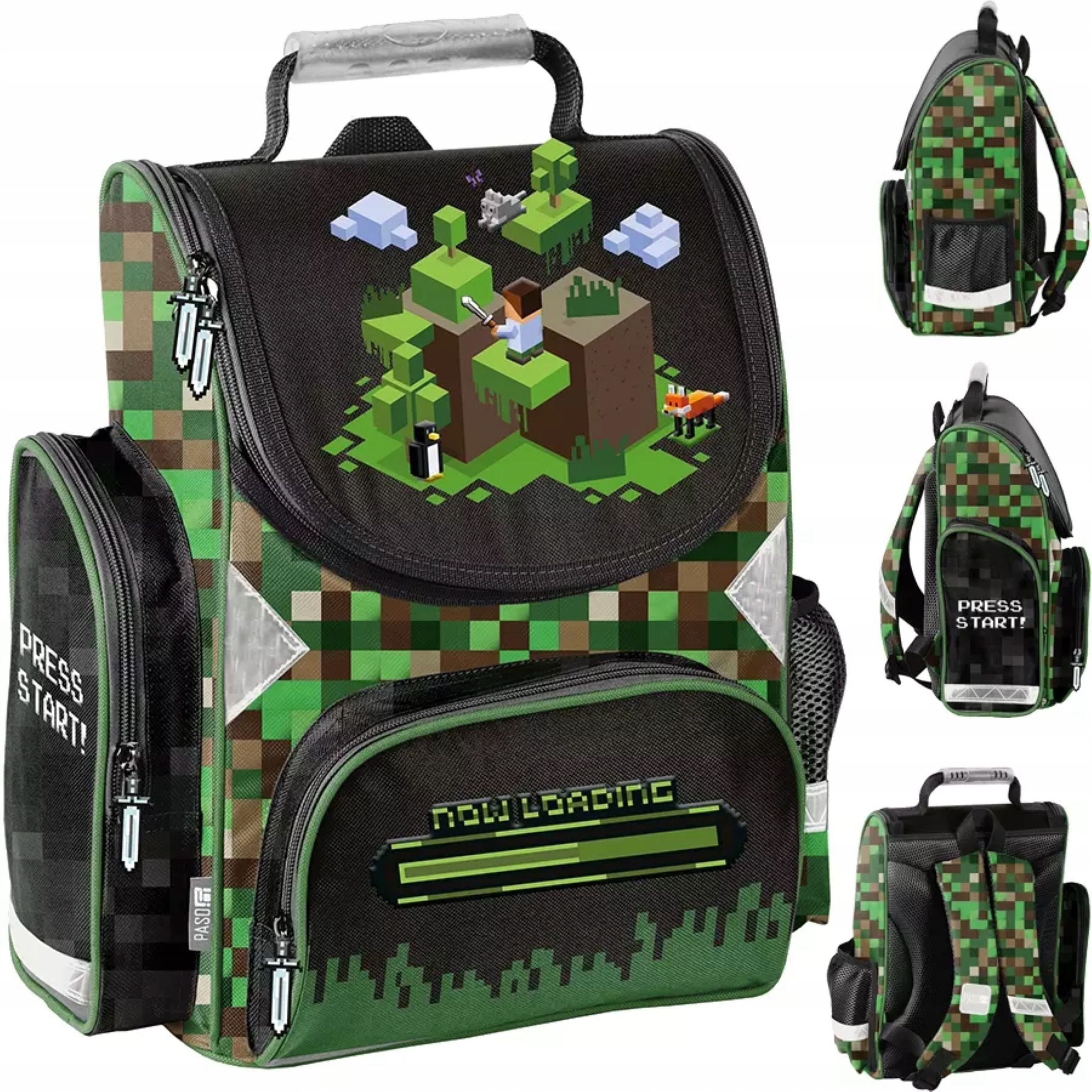 PASO Schulranzen Schulranzen Jungen Gamer Pixel Grün 1. Klasse Ergonomisch Paso