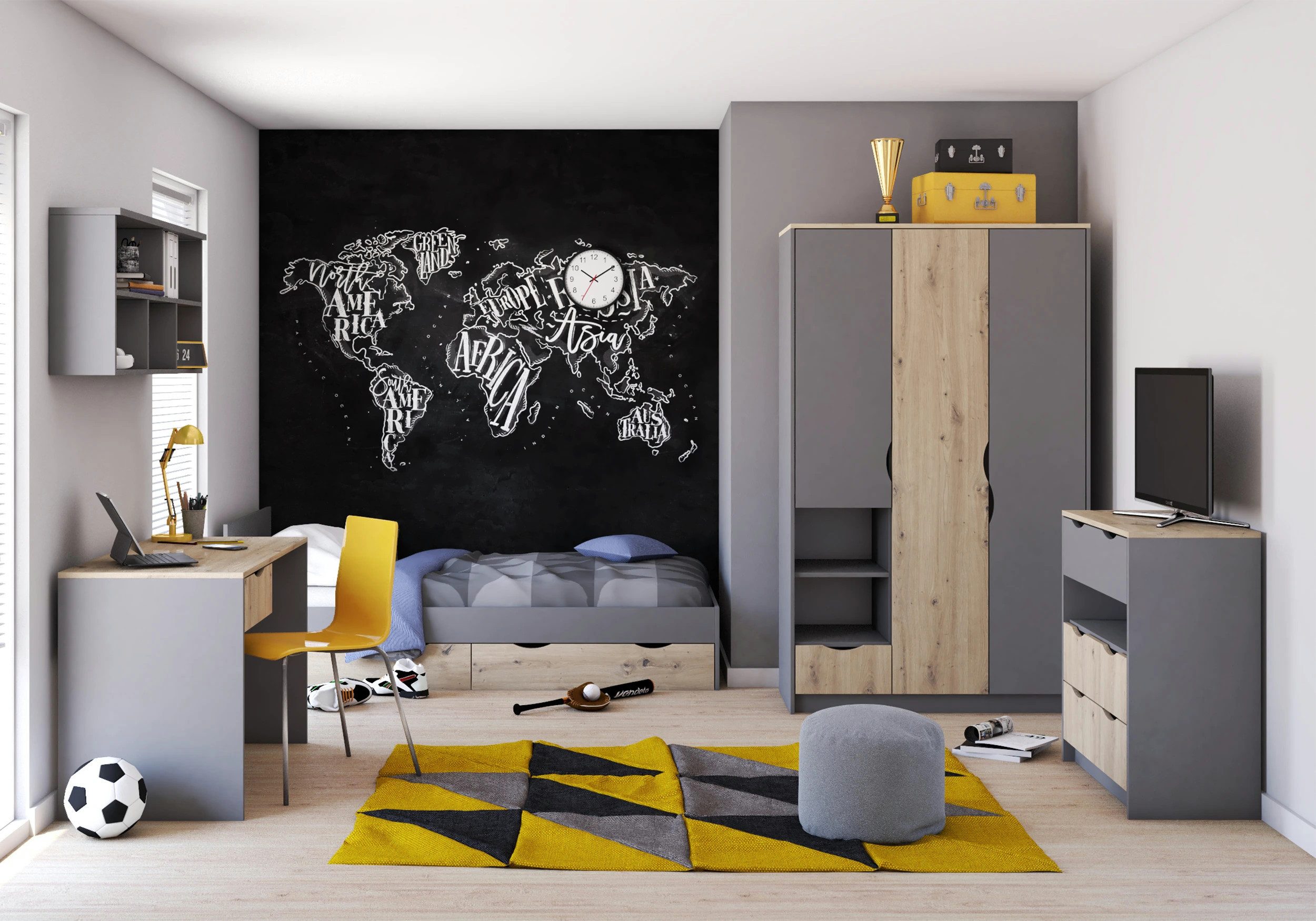 möbel-direkt.de Jugendzimmer-Set Zamiro in Grau mit Artisan Eiche, (Komplett Set, 5-tlg., in verschiedenen Zusammenstellungen wählbar), Aussparungen als Griffe